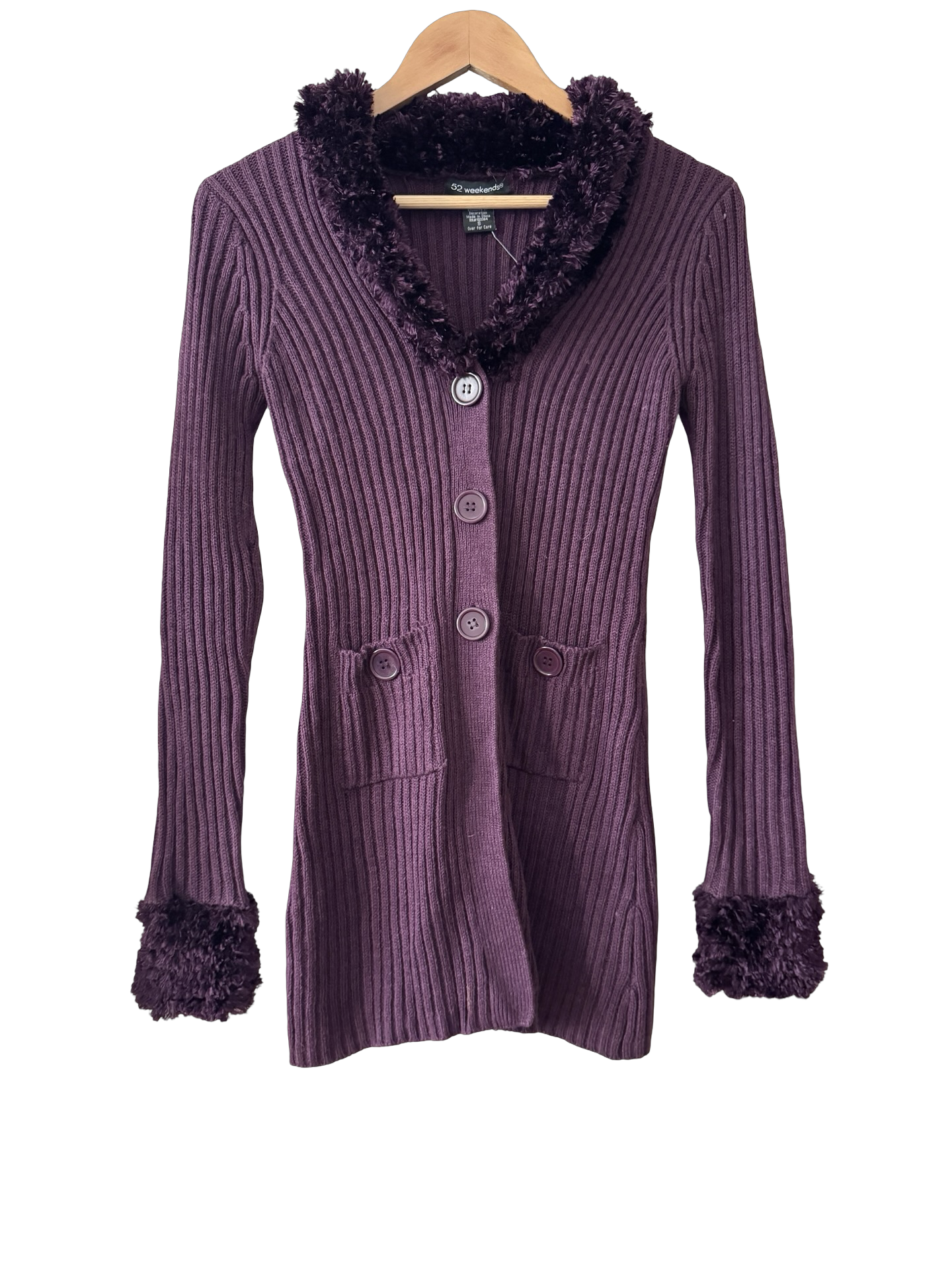 Vintage Y2K Plum Fuzzy Trim Cardigan (S)