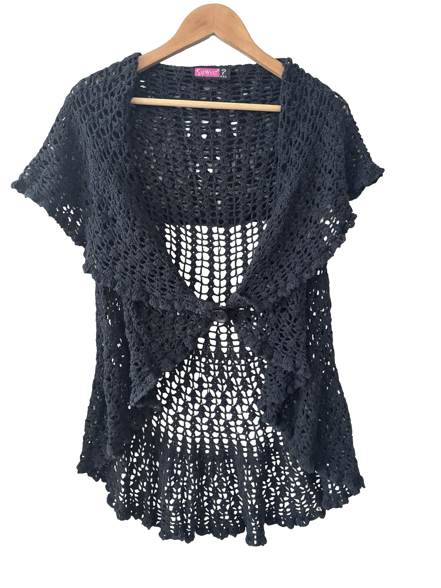 Vintage Y2K Black Crochet Short Sleeve (M)