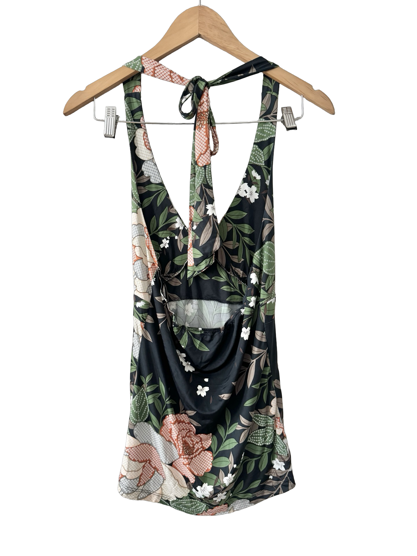 Vintage Y2K Retro Slinky Floral Halter Tie Top (M)