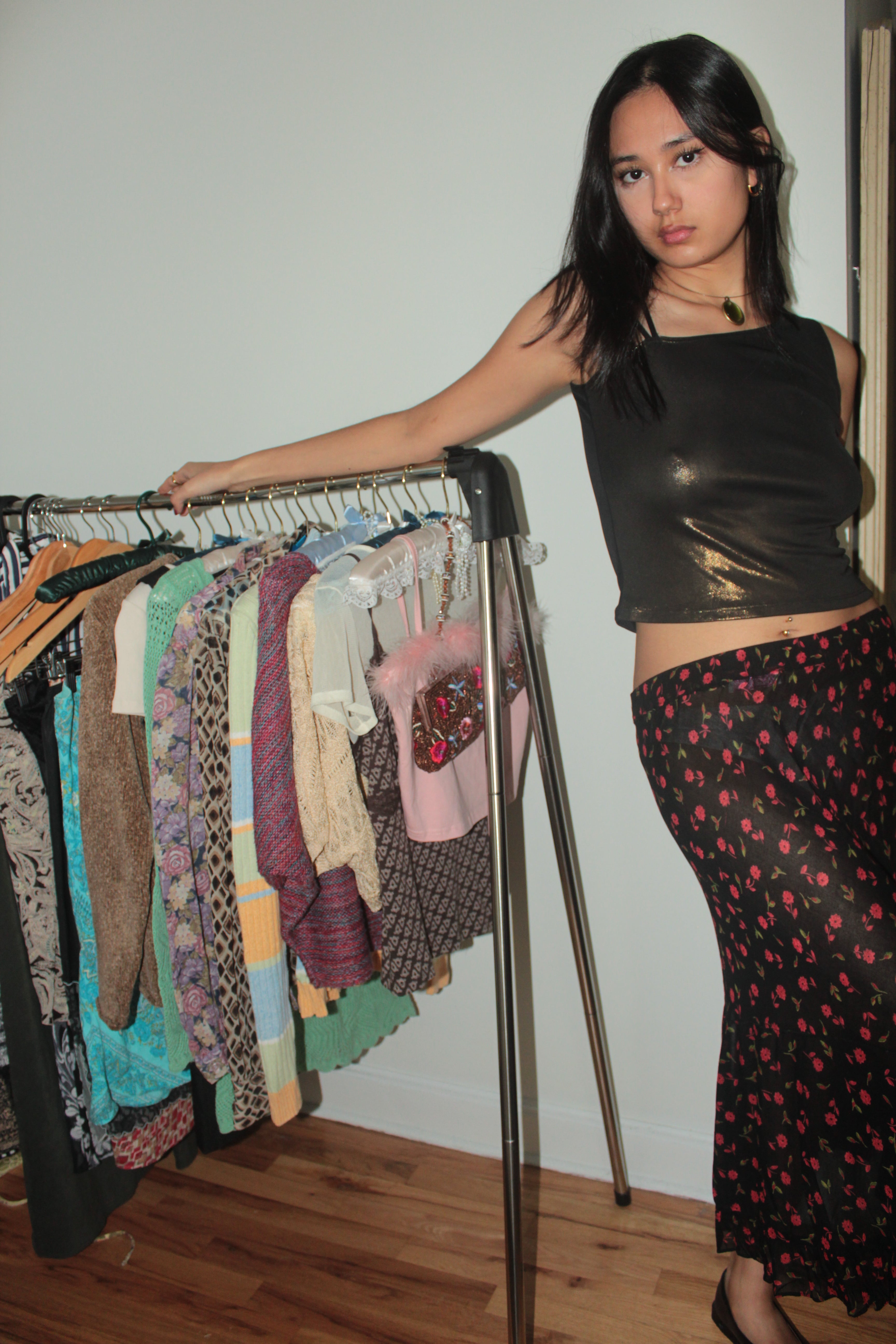 Vintage 90s Sheer Black Rose Midi Skirt (M)