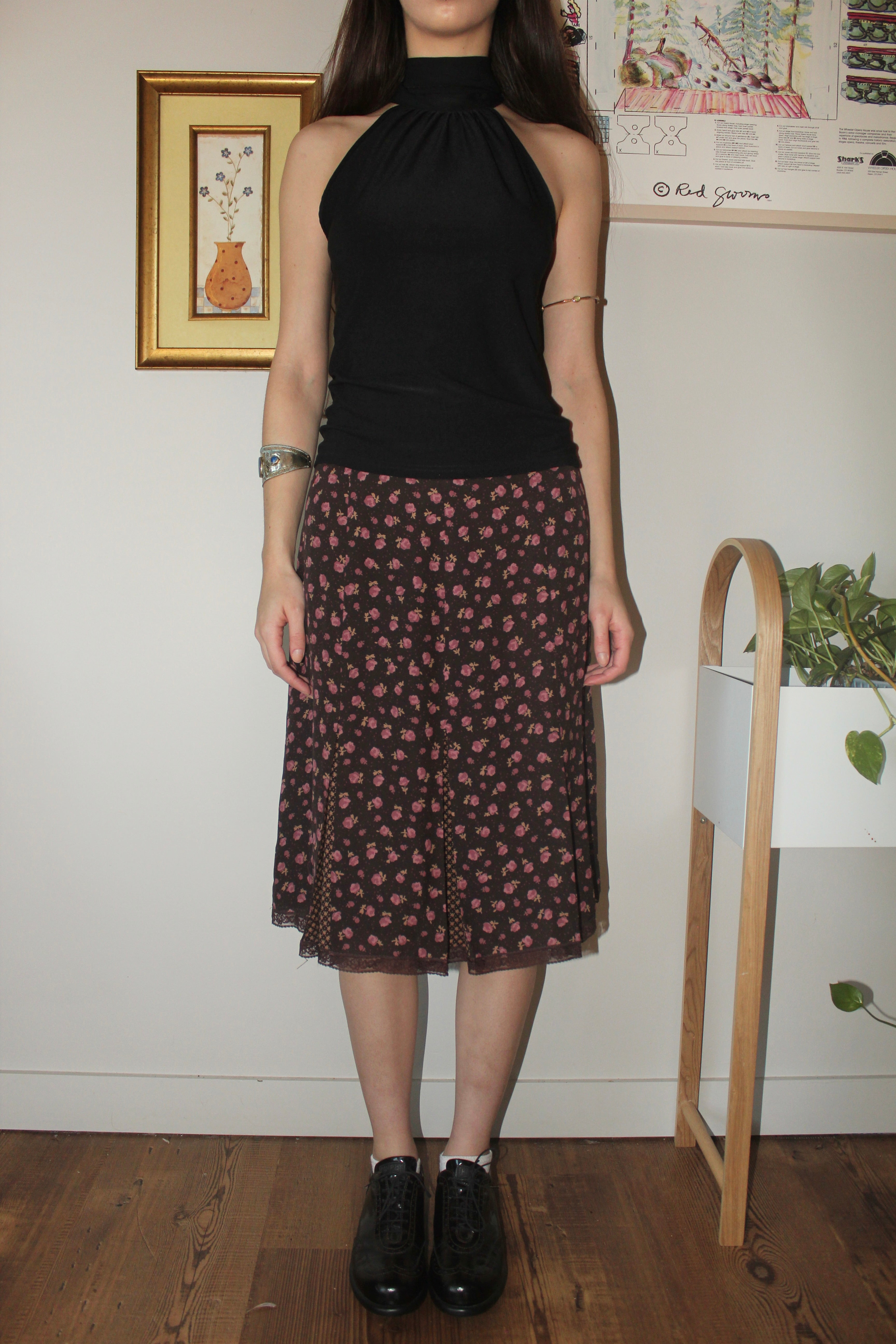 Vintage 90s Silk Mixed Floral Dotted Midi Skirt (S)