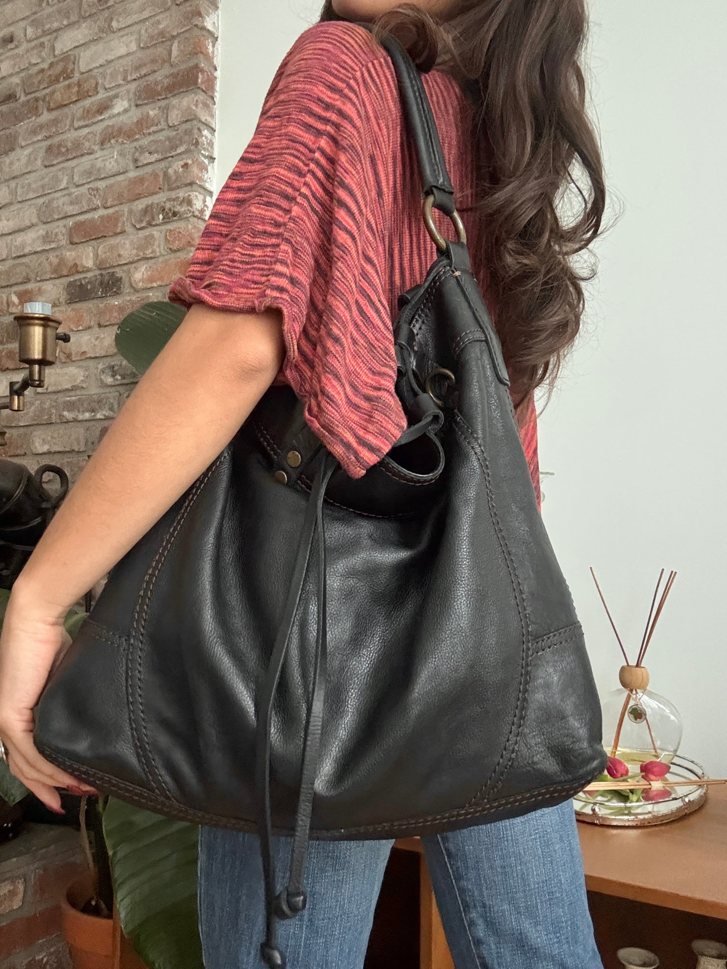 Vintage Y2K Lucky Brand Leather Drawstring Tote