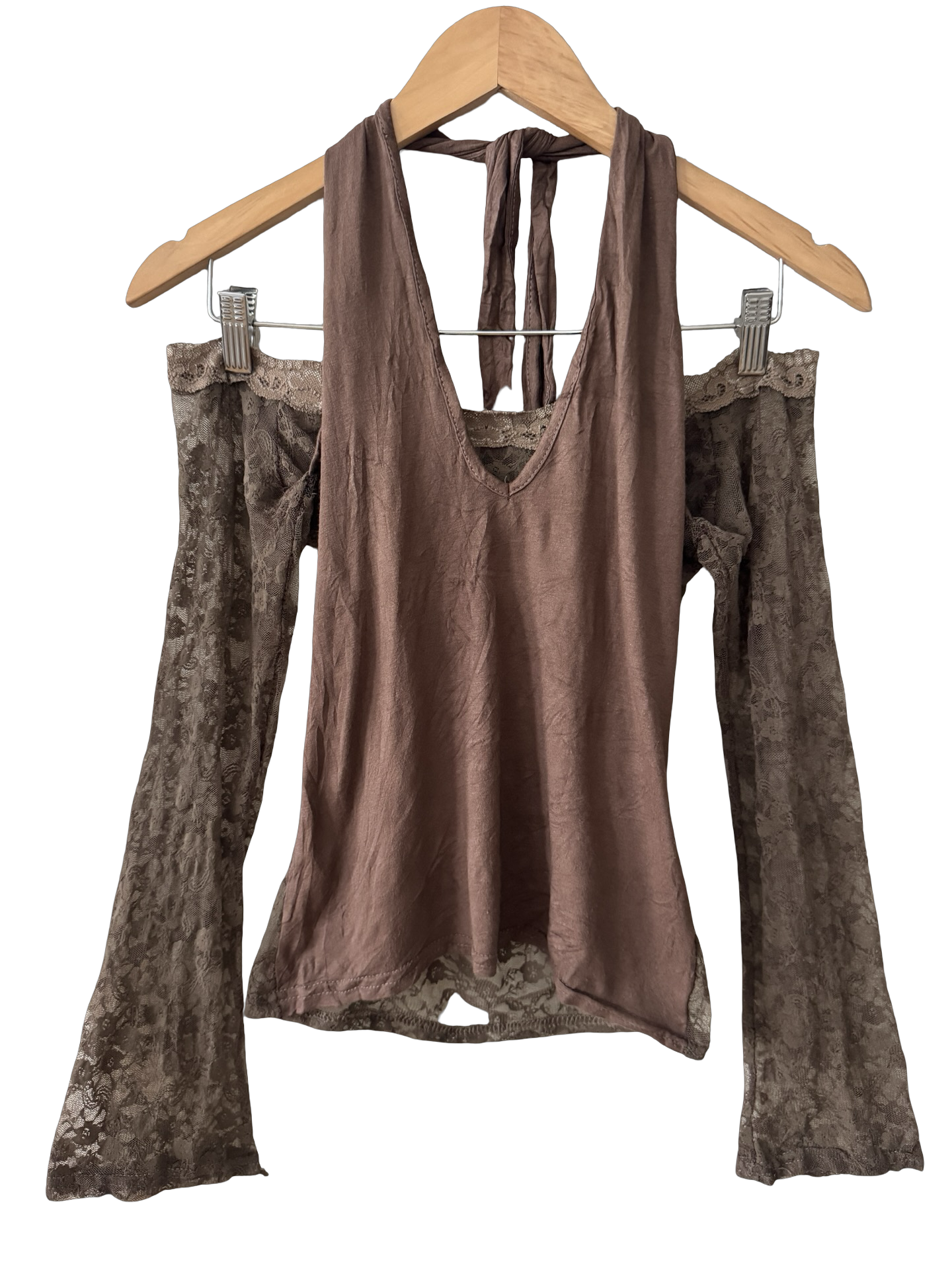Vintage Y2K Cocoa Lace Halter Layered Top (S/M)