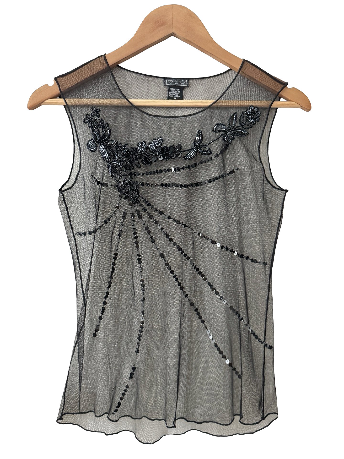 Vintage Y2K Heart Moon Star Beaded Sheer Top (S/M)