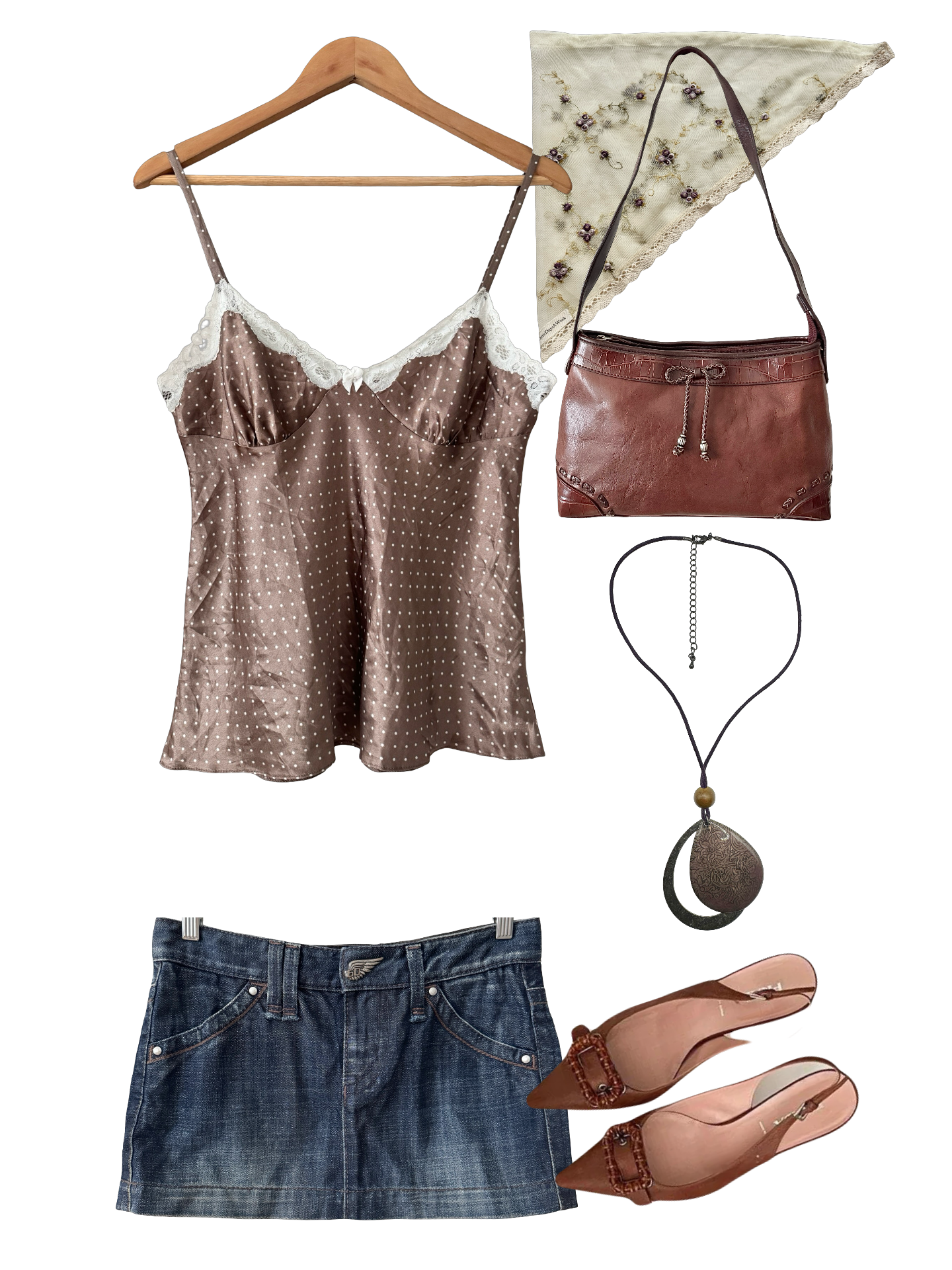 Vintage Y2K Cocoa Polka Dot Lace Cami (M)