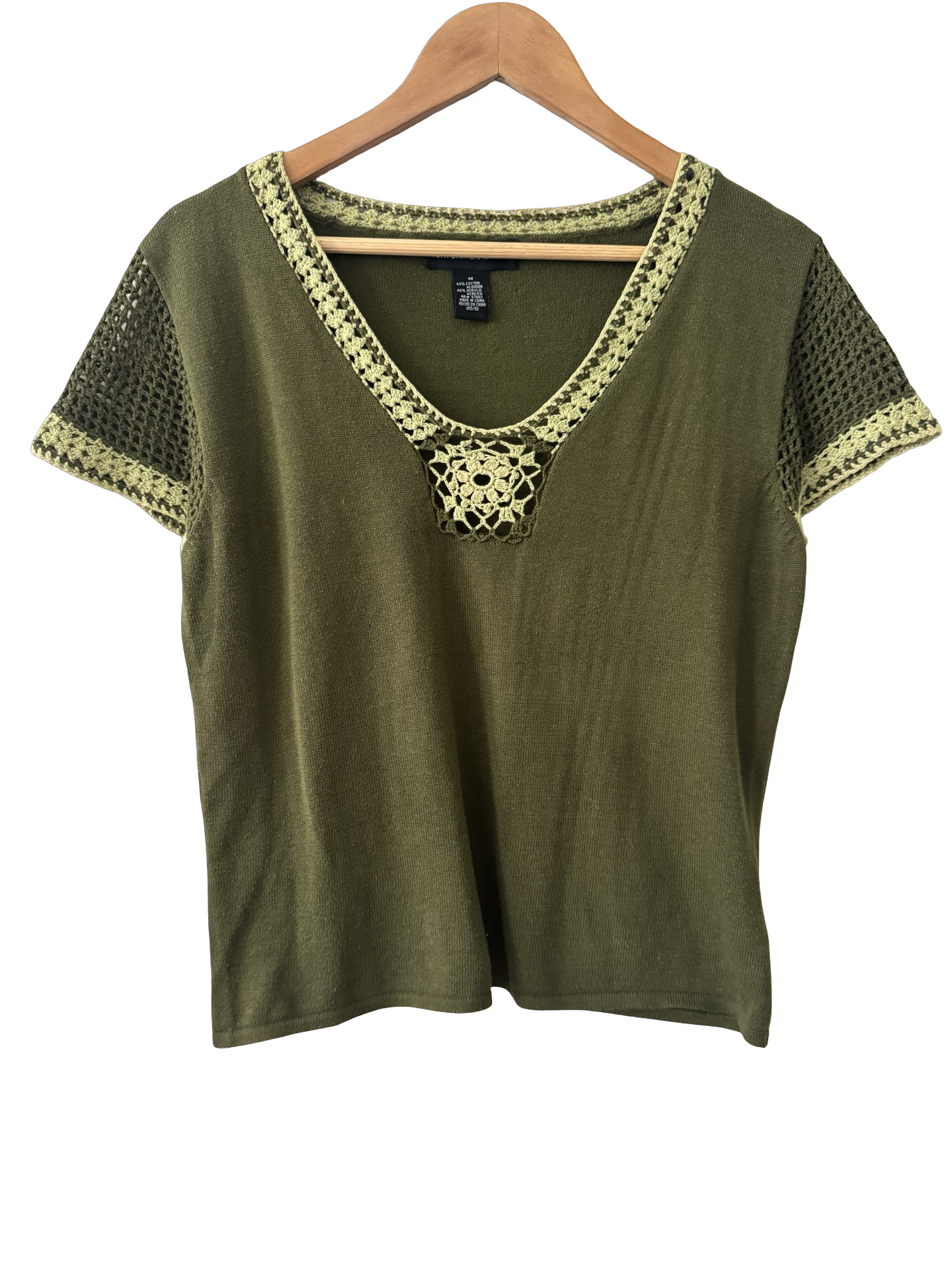 Vintage Y2K Olive Crochet Trim Knit Top (M/L)