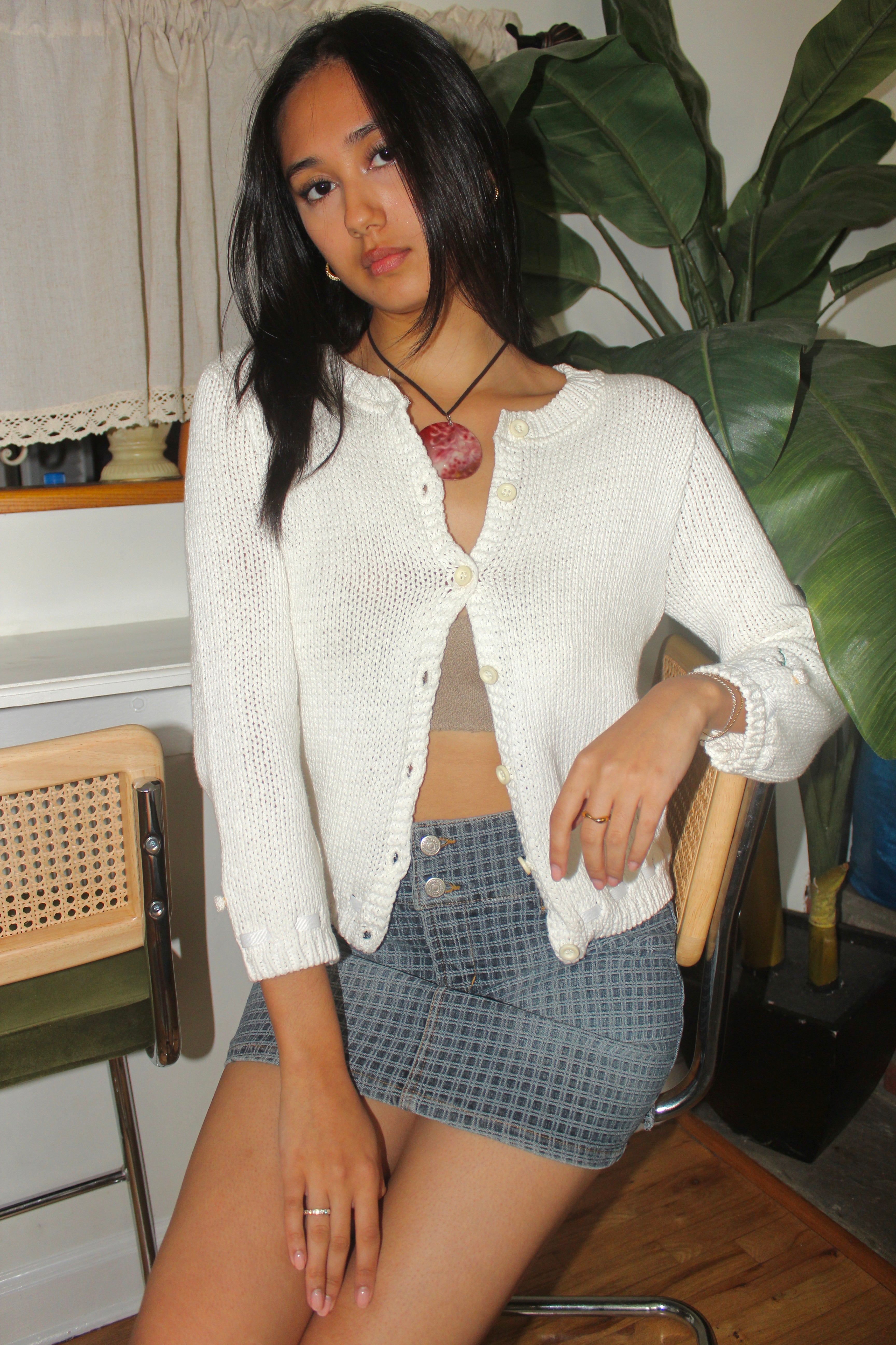 Vintage 90s Floral Embellished Ivory Knit Cardigan (S)