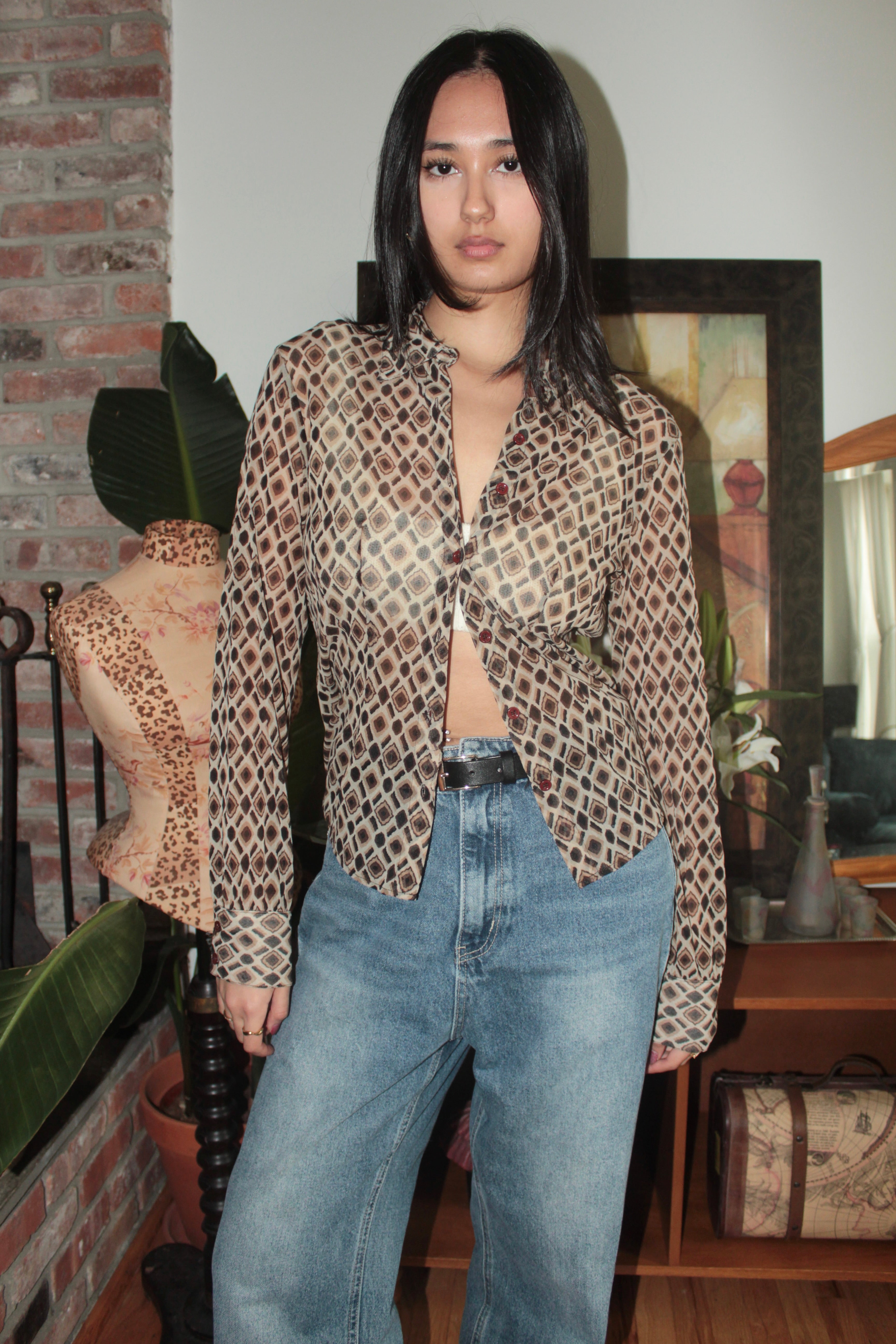 Vintage Mesh Geometric Long Sleeve Button-Up (M)