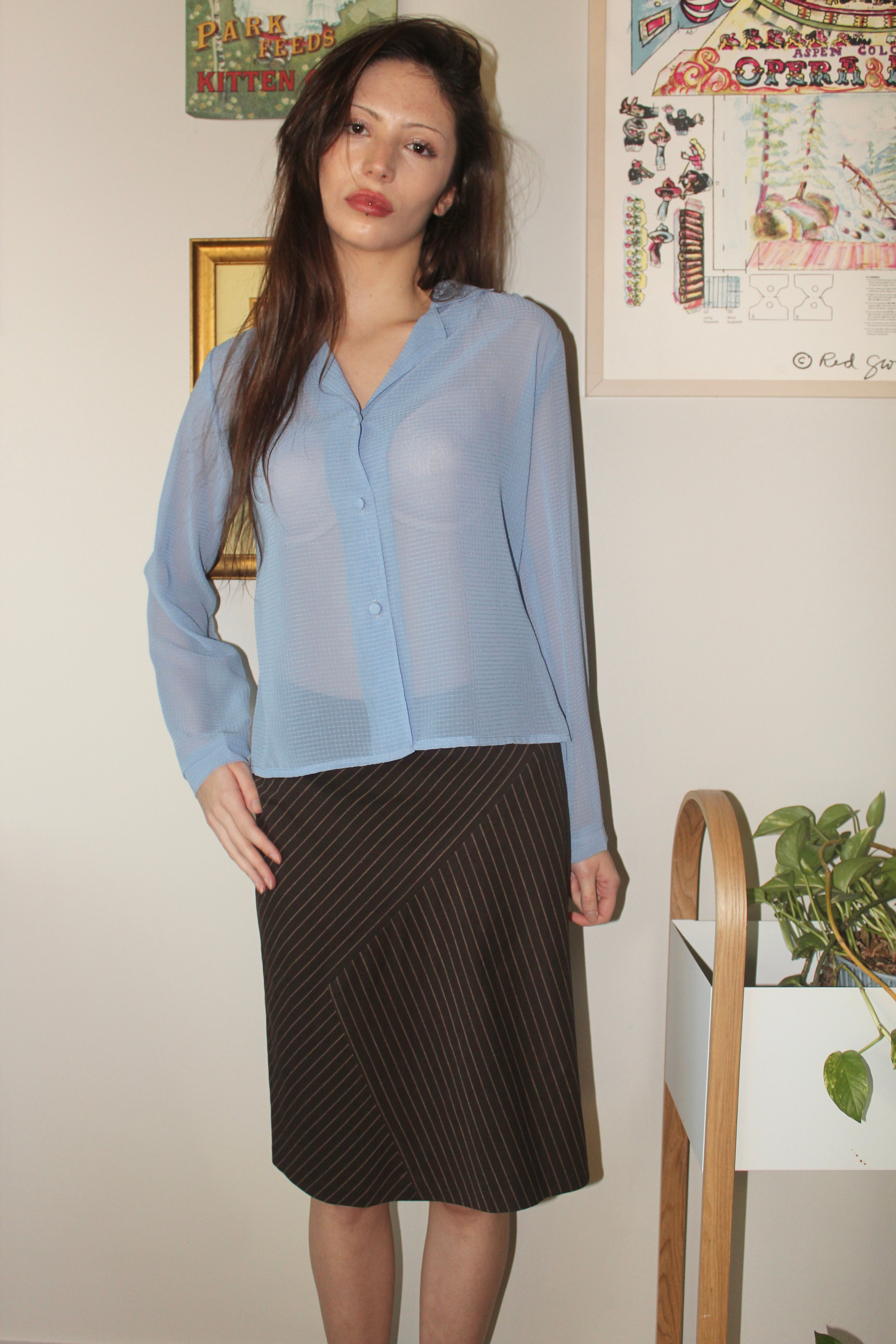 Vintage 90s Semi Sheer Periwinkle Blouse (M)