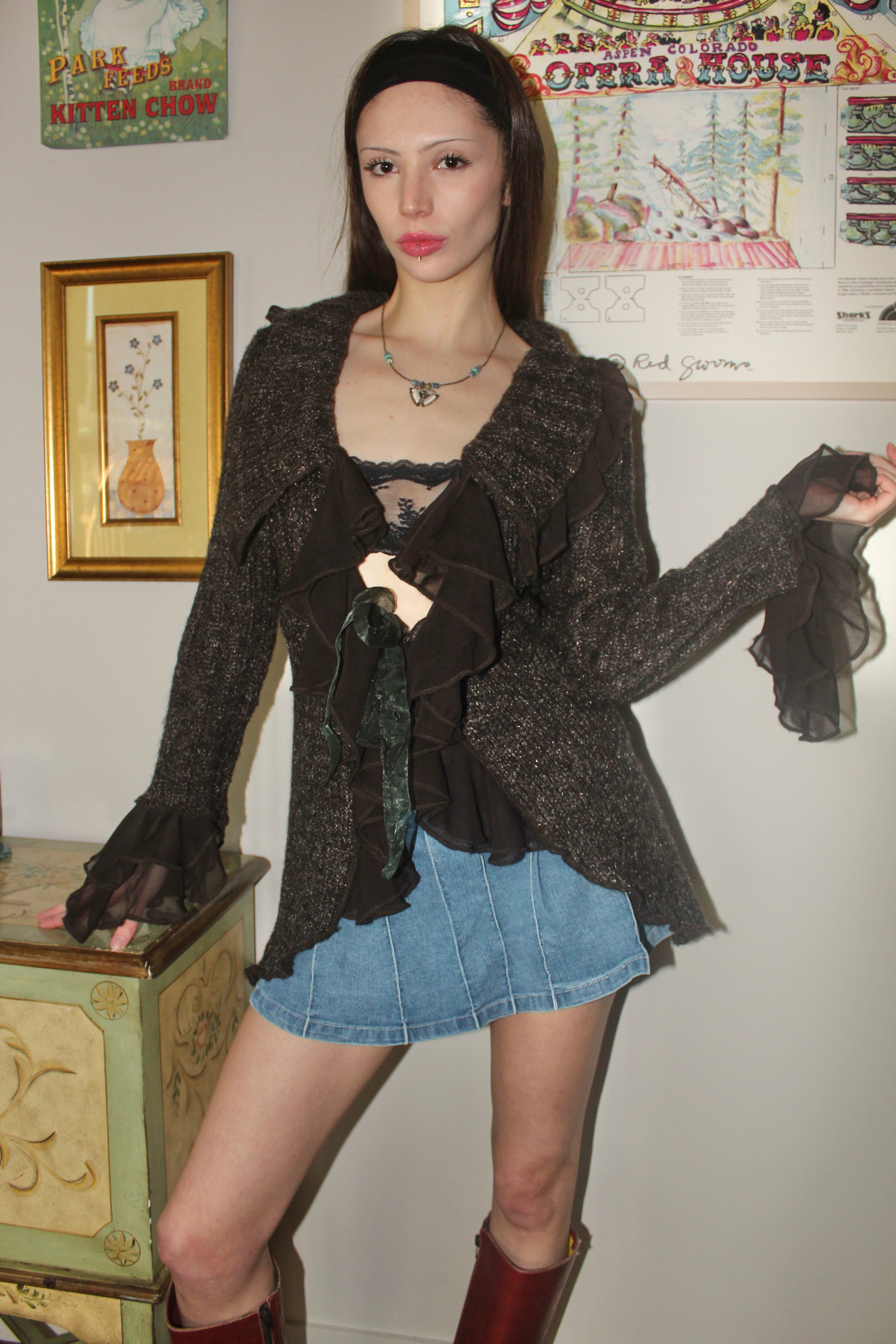 Vintage 90s Ruffled Tie Longline Knit (M)