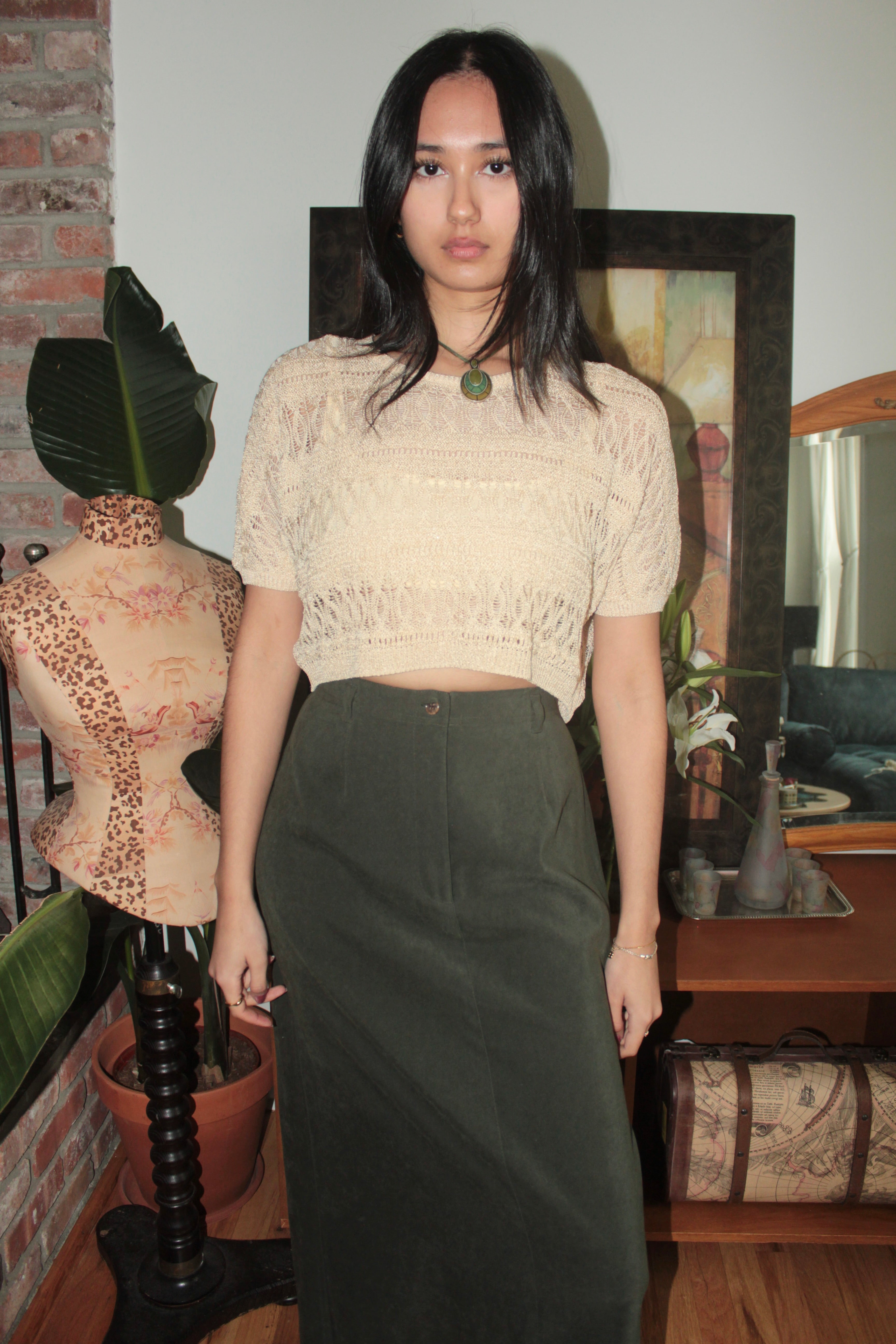 Vintage Cream Open-Knit Cropped Sweater (S)