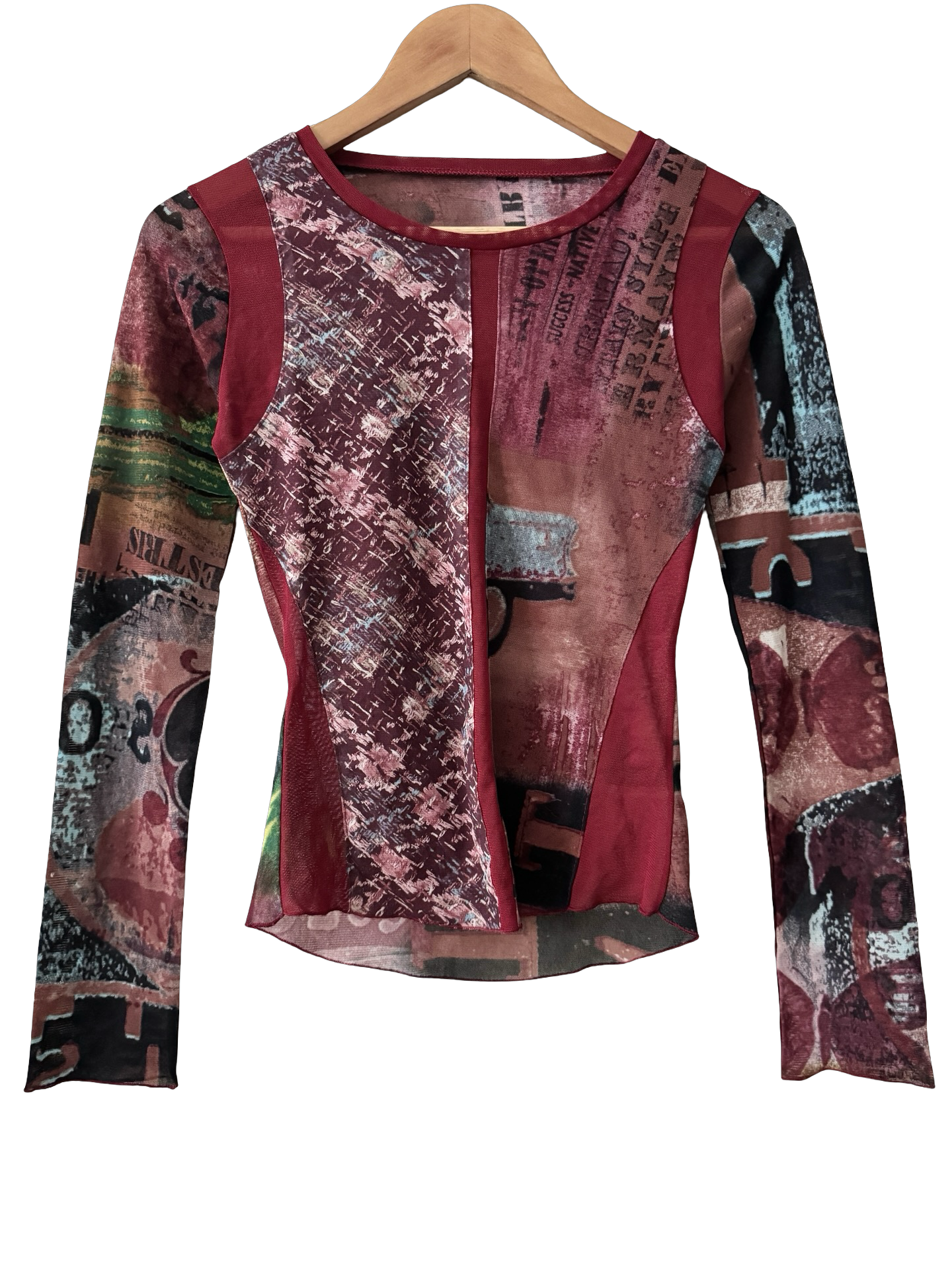 Vintage Y2K Underground Press Patchwork Mesh Top (M)