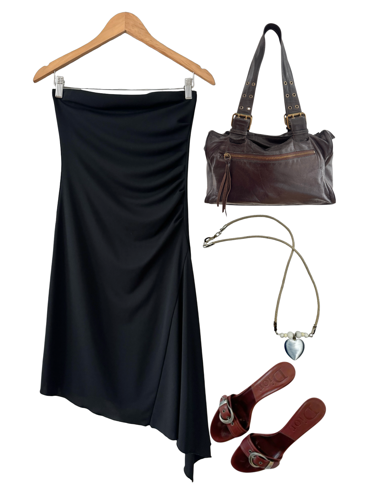 Y2K Black Satin Asymmetrical Midi Dress (S)