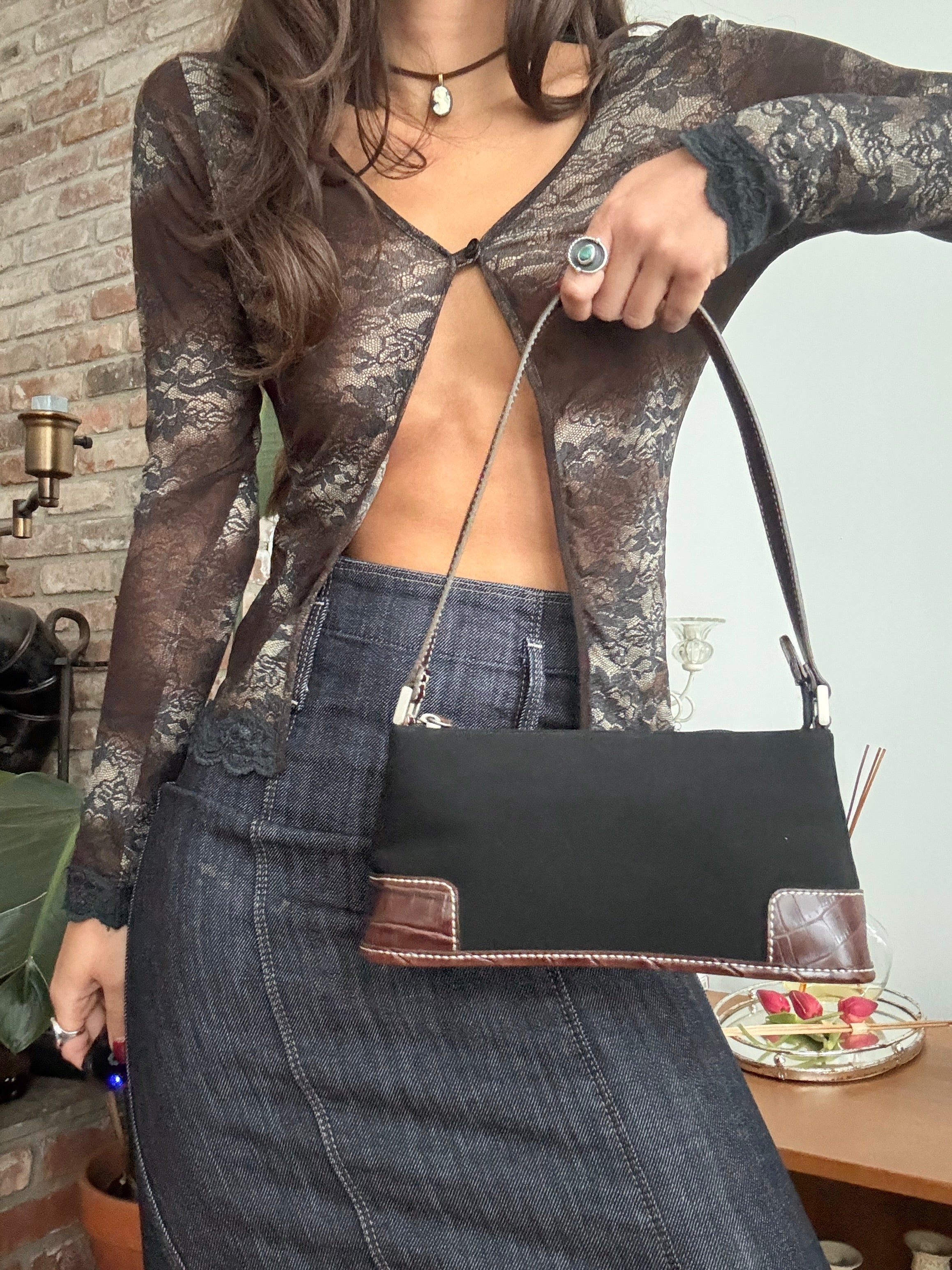 Vintage 90s Espresso Croc Baguette Bag