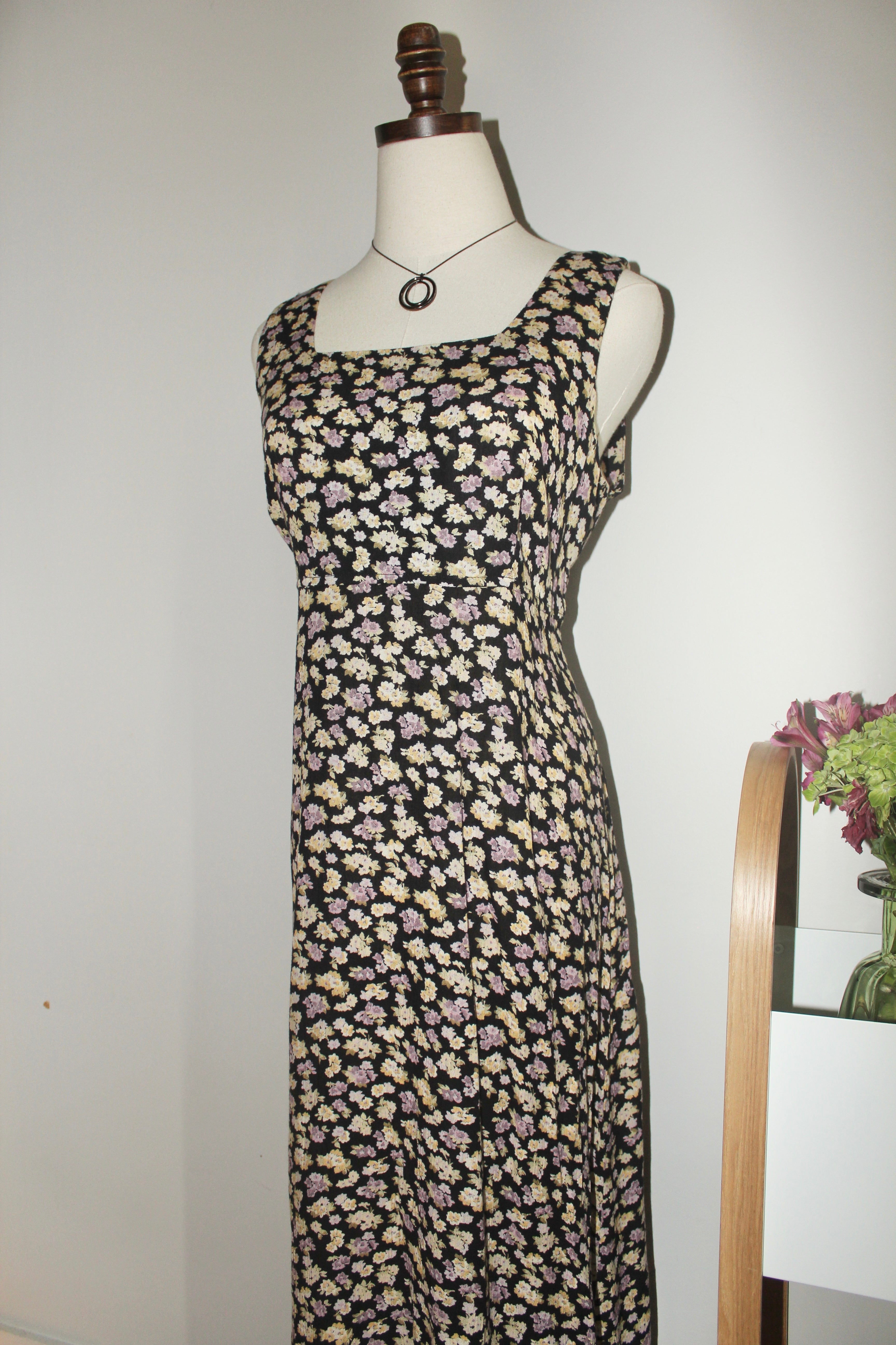 Vintage 90s Square Neck Floral Tie Back Midi Dress (M)