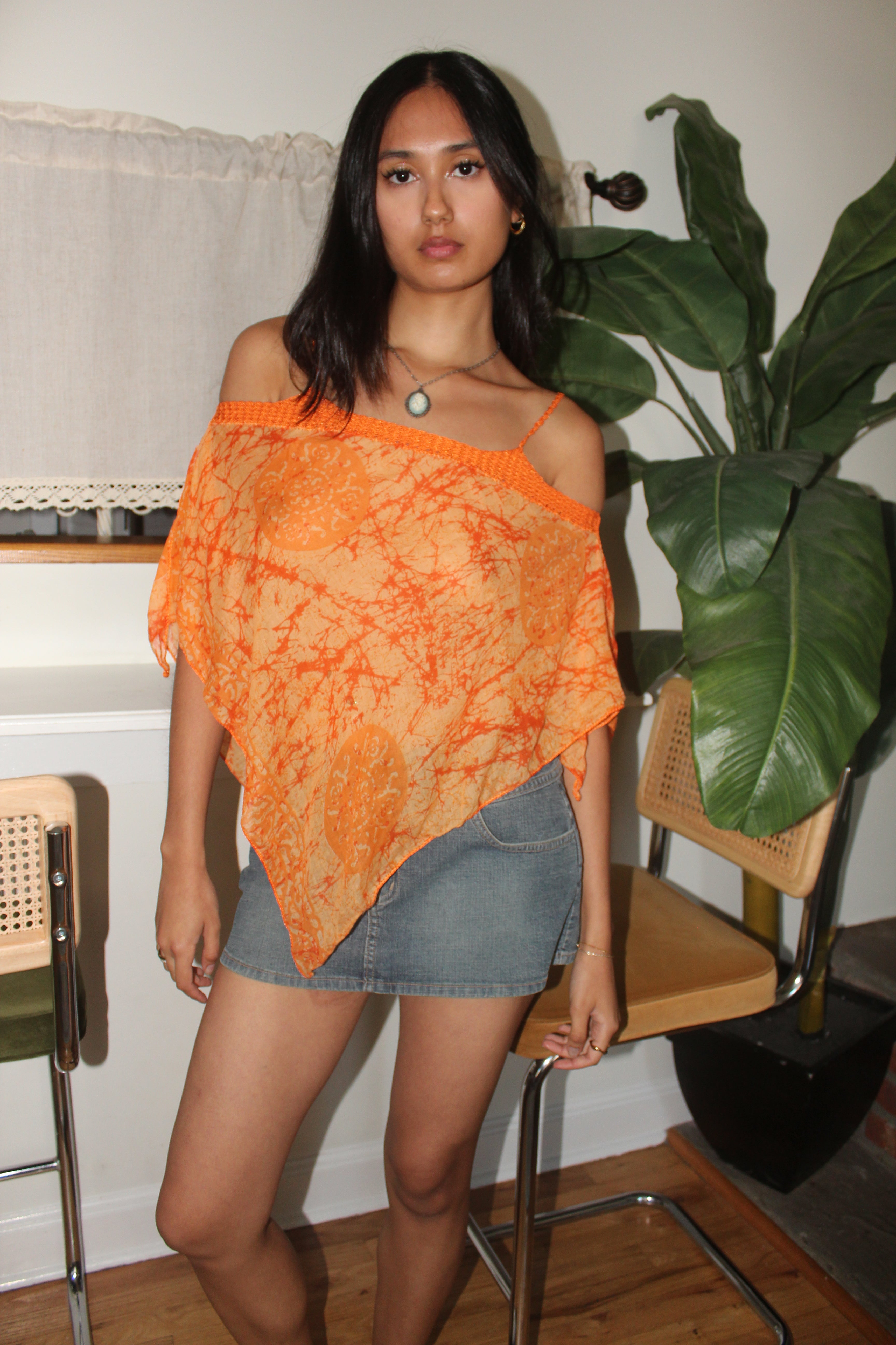 Vintage 90s Tangerine Off Shoulder Blouse (XS)