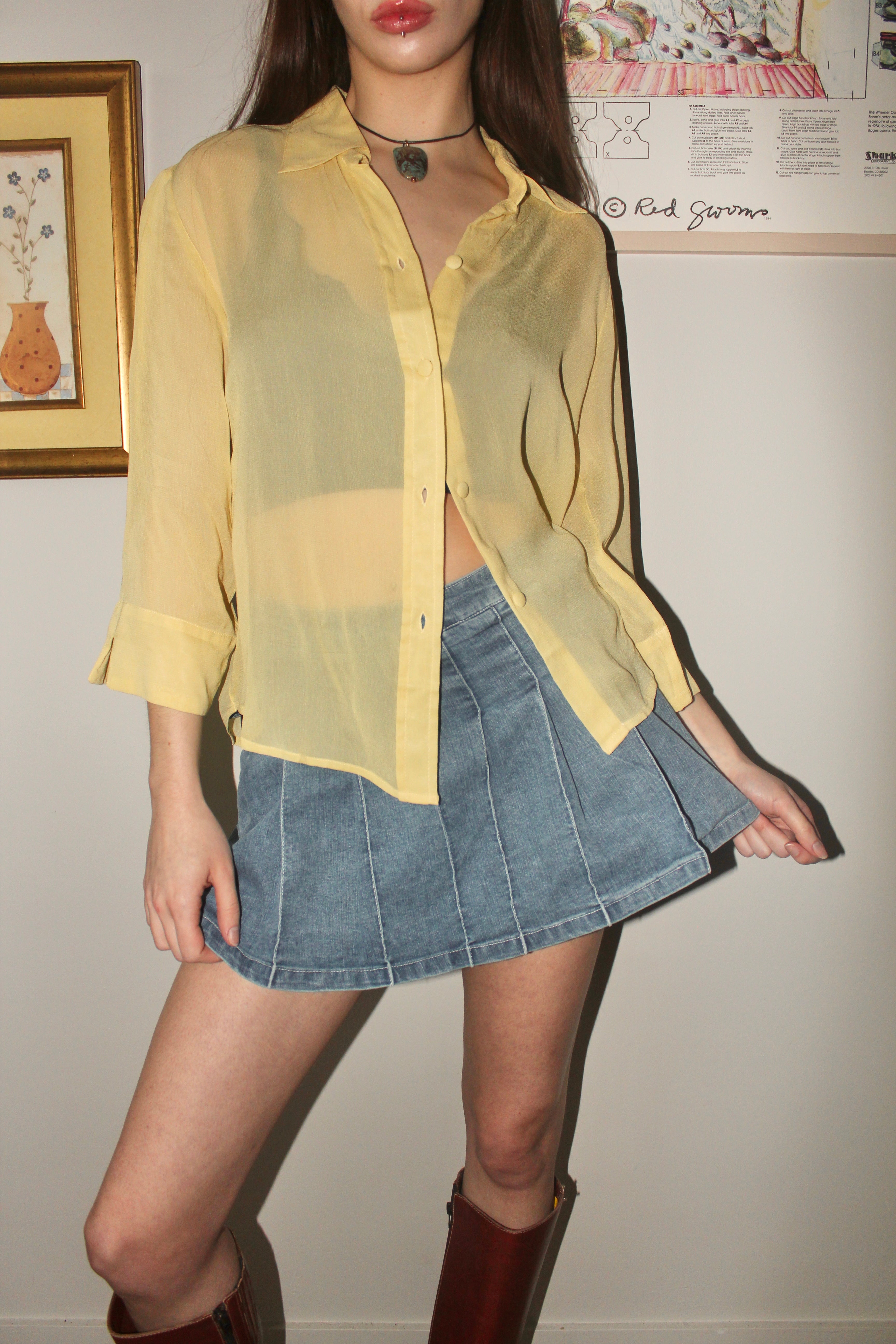 Vintage 90s Sheer Lemon Button Up (M)