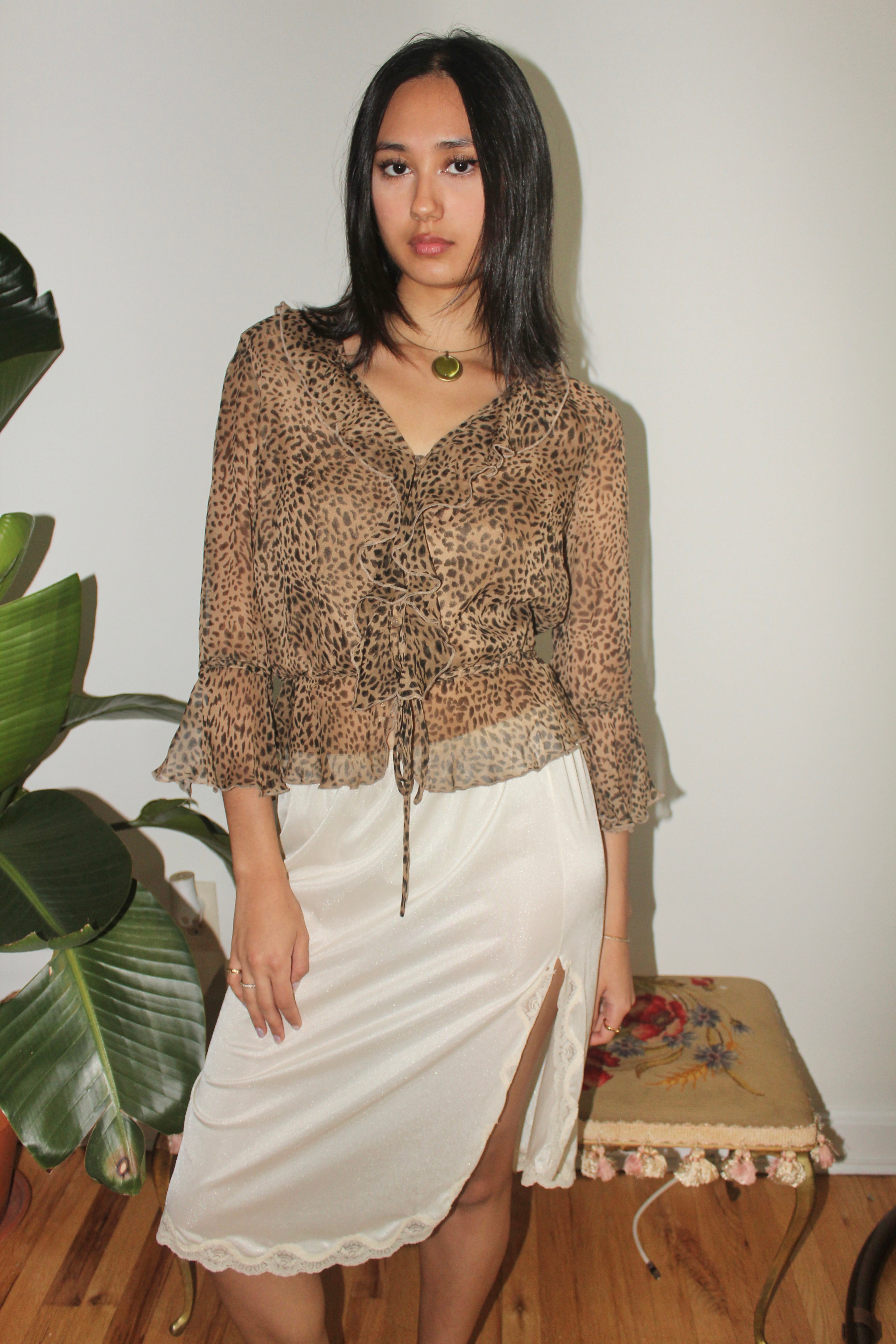 Vintage Y2K Leopard Mesh Silk Blouse (S/M)