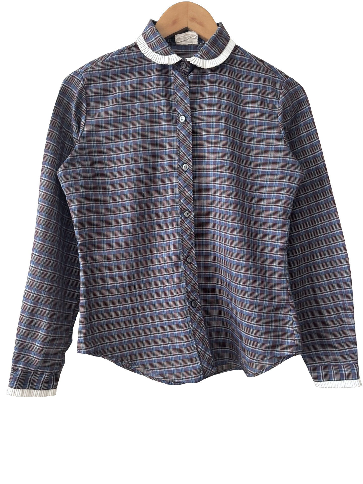 Vintage 80s Plaid Frill Trim Button Up (S/M)