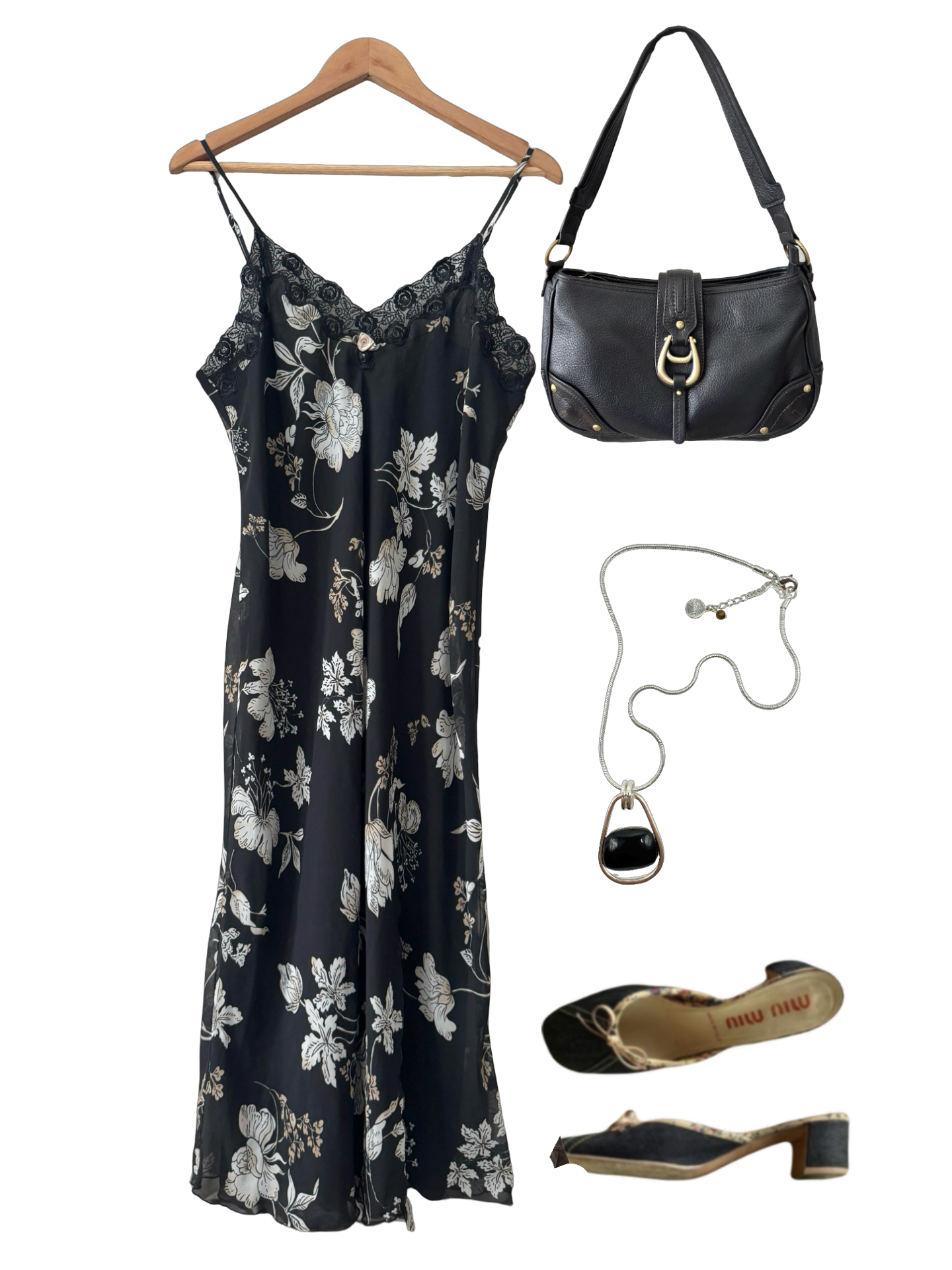 Vintage 90s Midnight Botanical Lace Slip Dress (M)