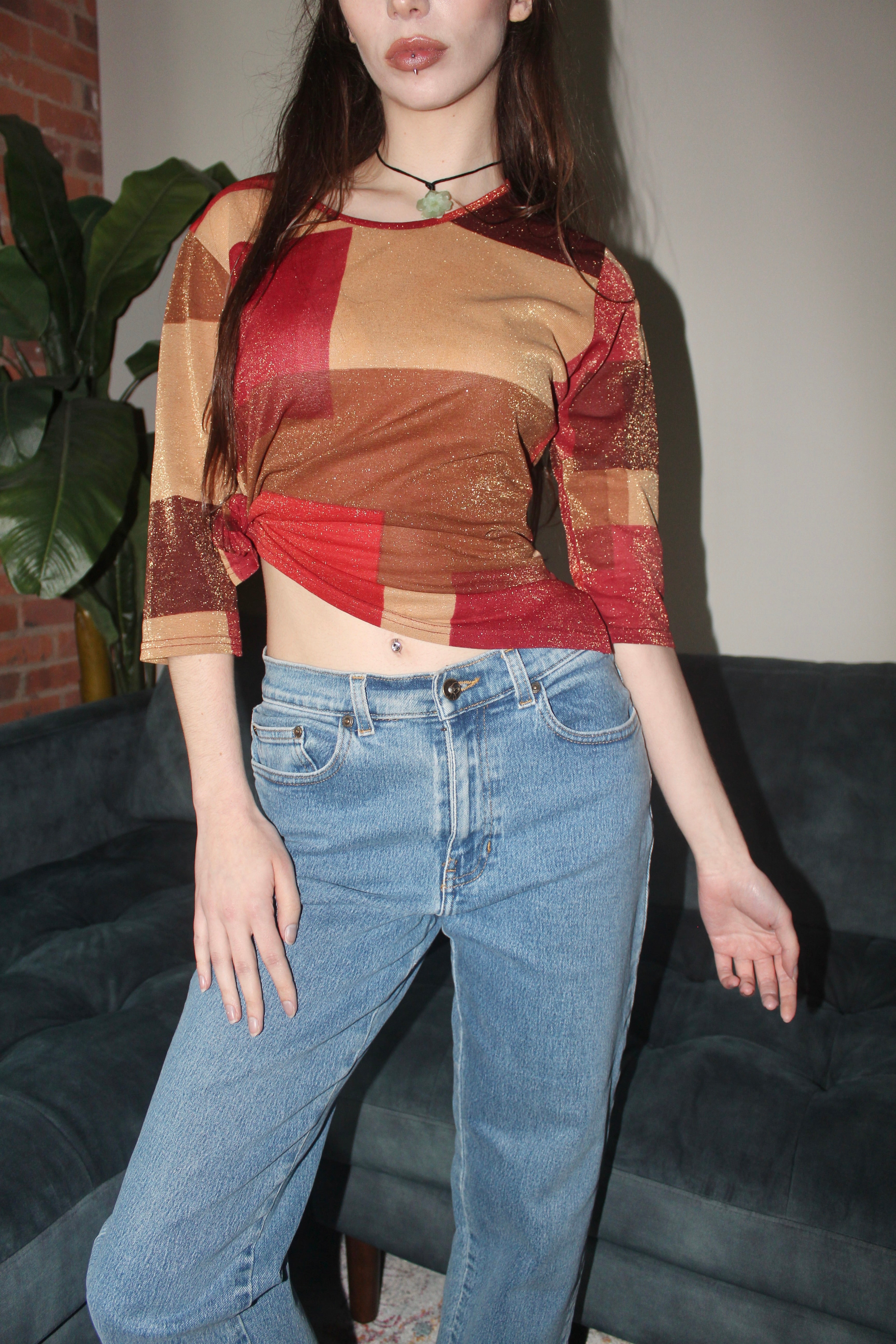 Vintage 90s Abstract Checkered Light Knit Top (S)