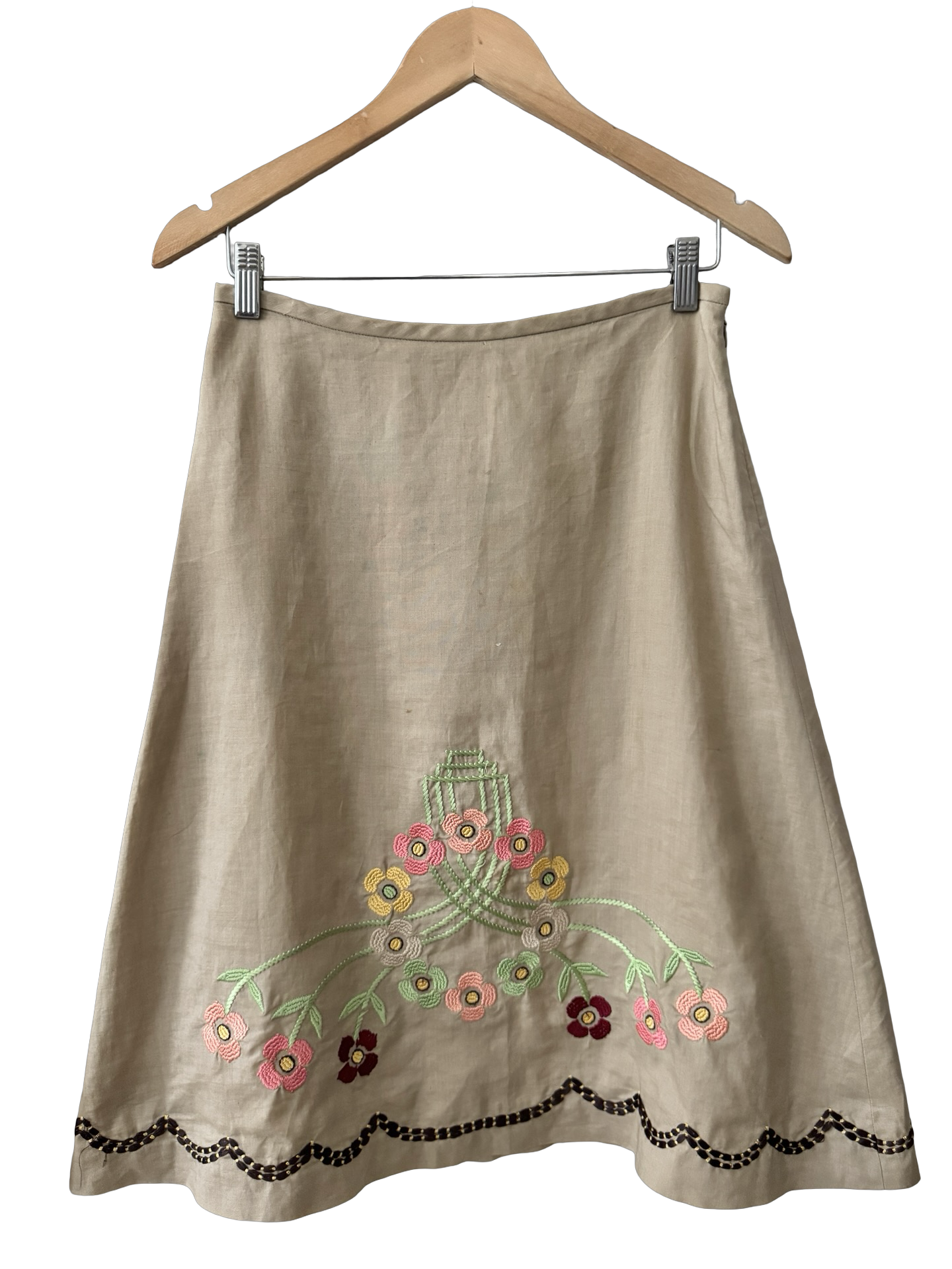 Vintage Embroidered Linen Floral A-Line Midi Skirt (S/M)