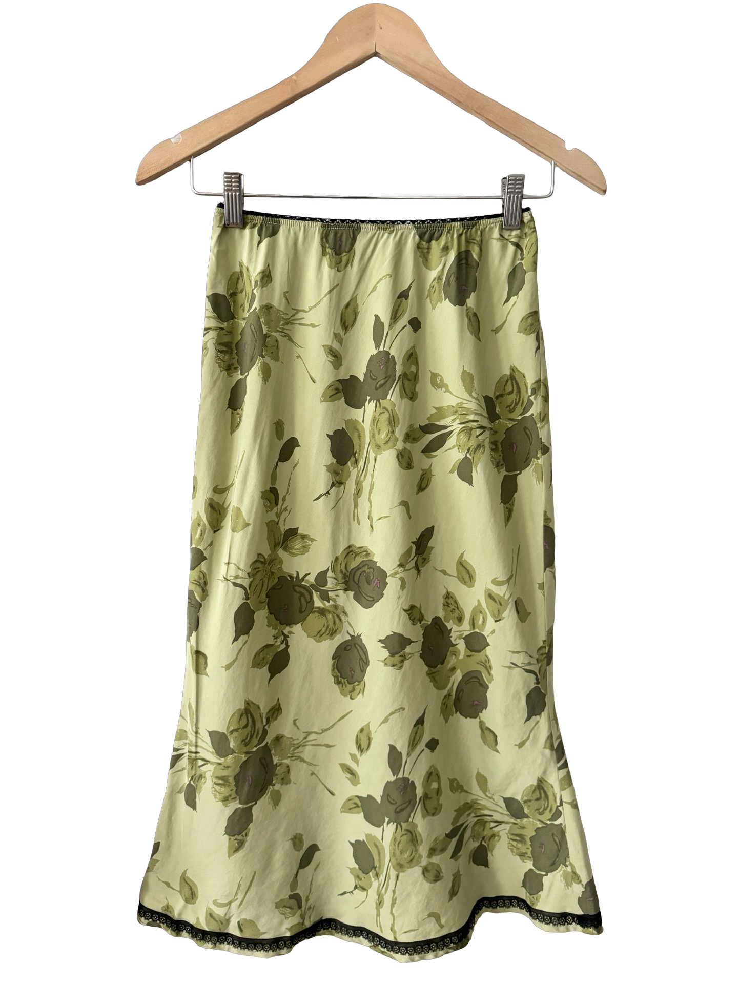 Vintage 90s Sage Floral Silk Midi Skirt (XS)