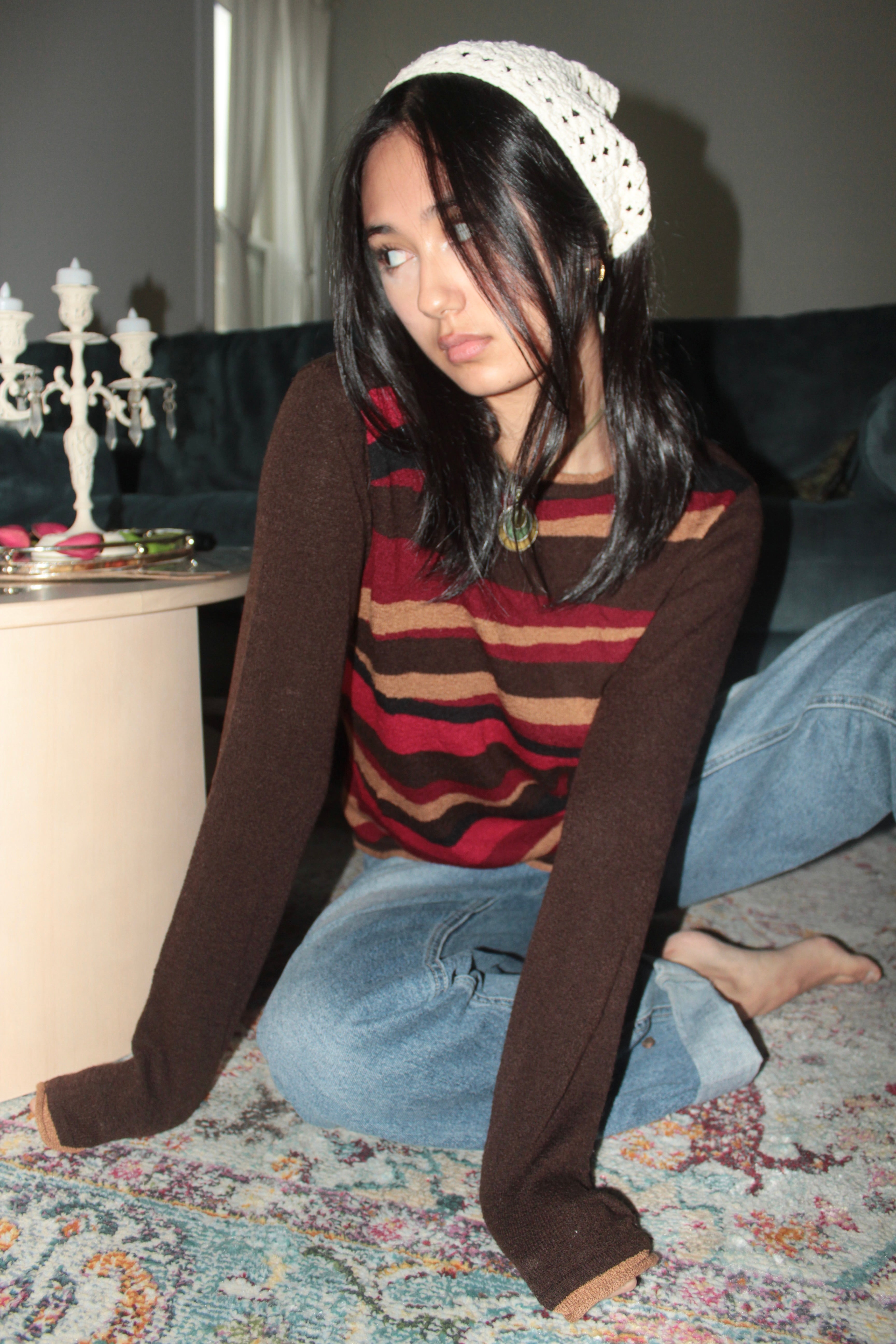 Vintage 90s Brown + Red Wave Stripe Knit Sweater (S)