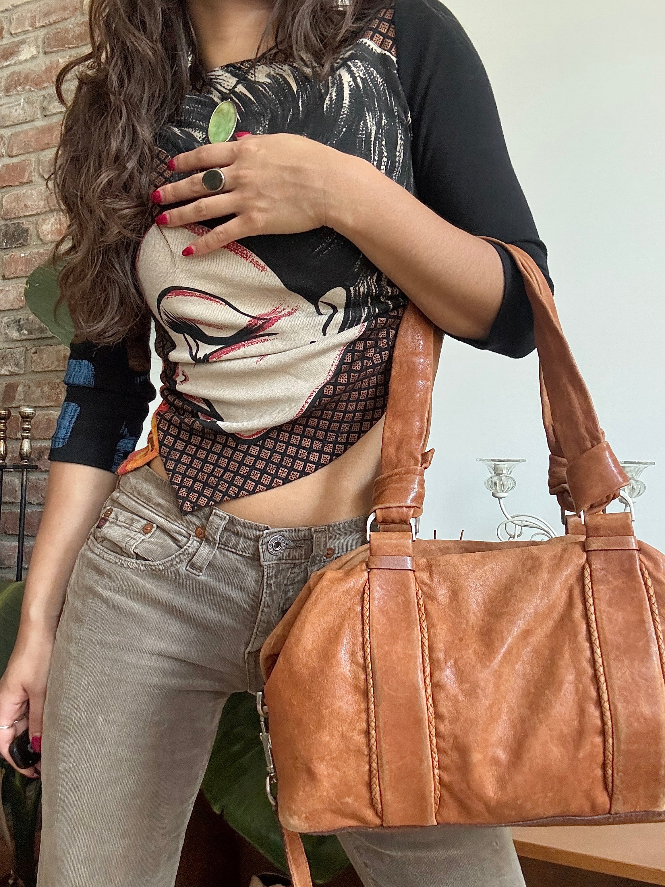 Vintage Y2K Cognac Leather Shoulder Bag