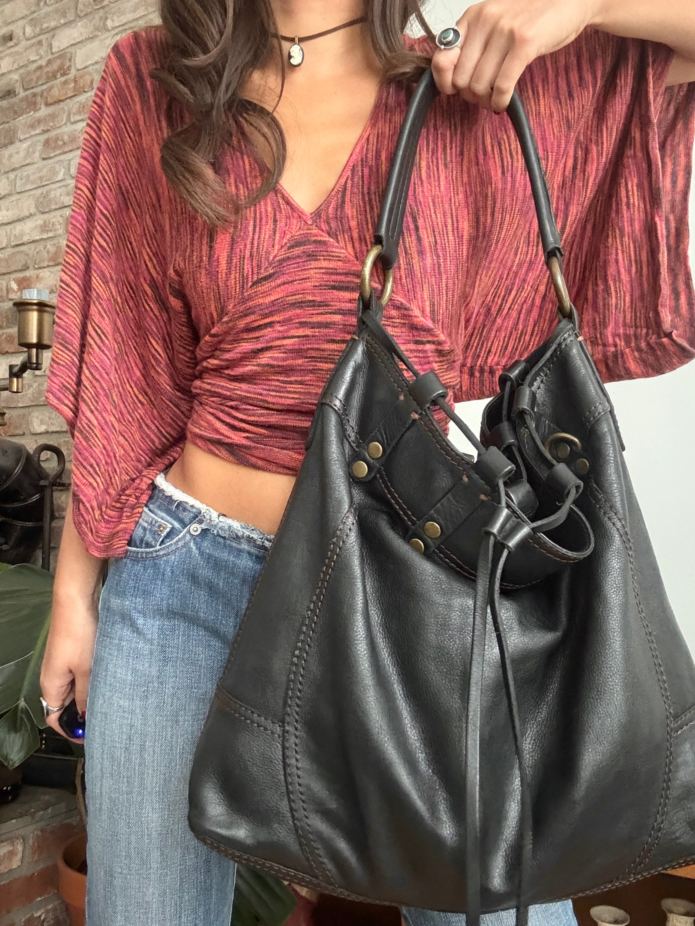 Vintage Y2K Lucky Brand Leather Drawstring Tote