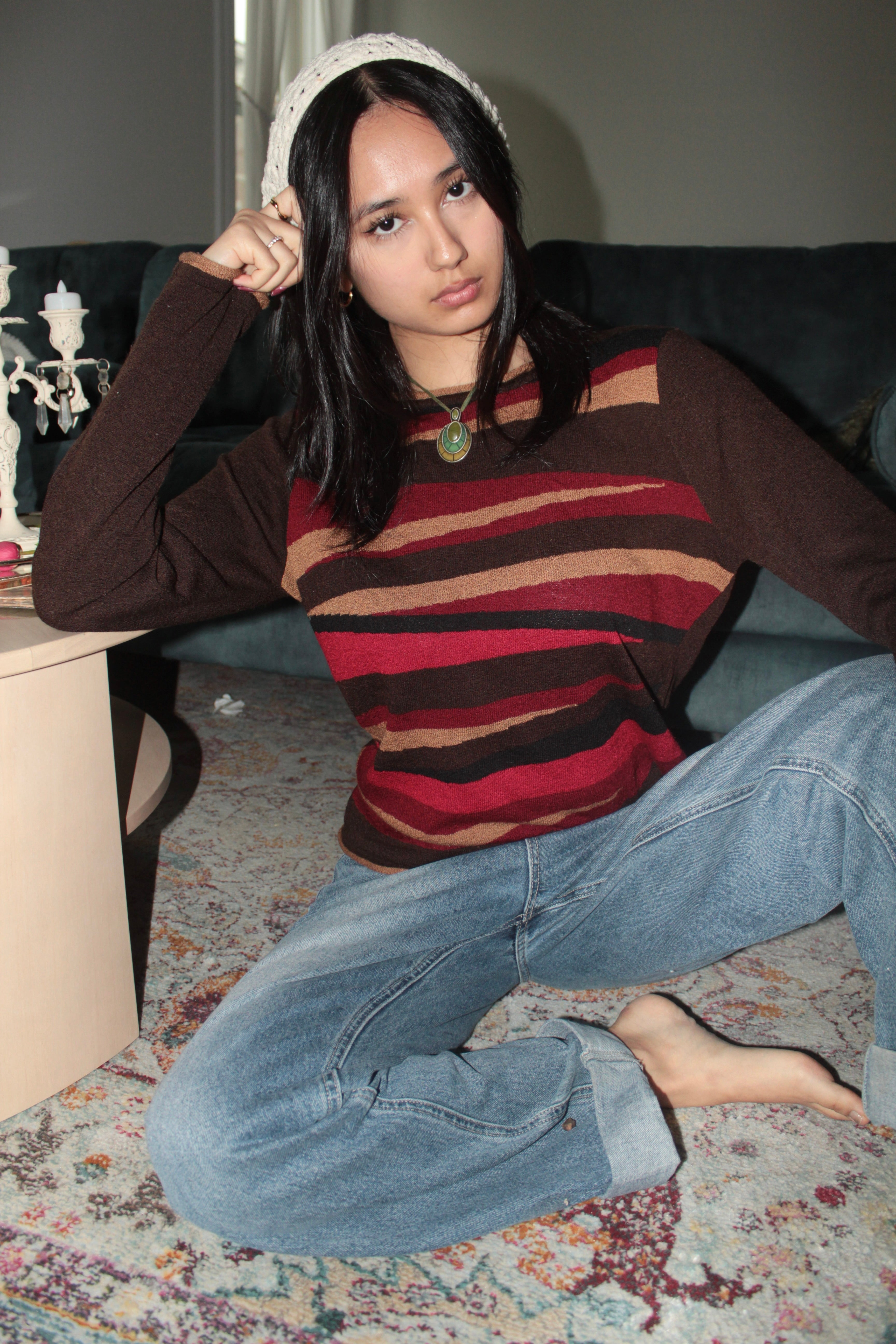 Vintage 90s Brown + Red Wave Stripe Knit Sweater (S)