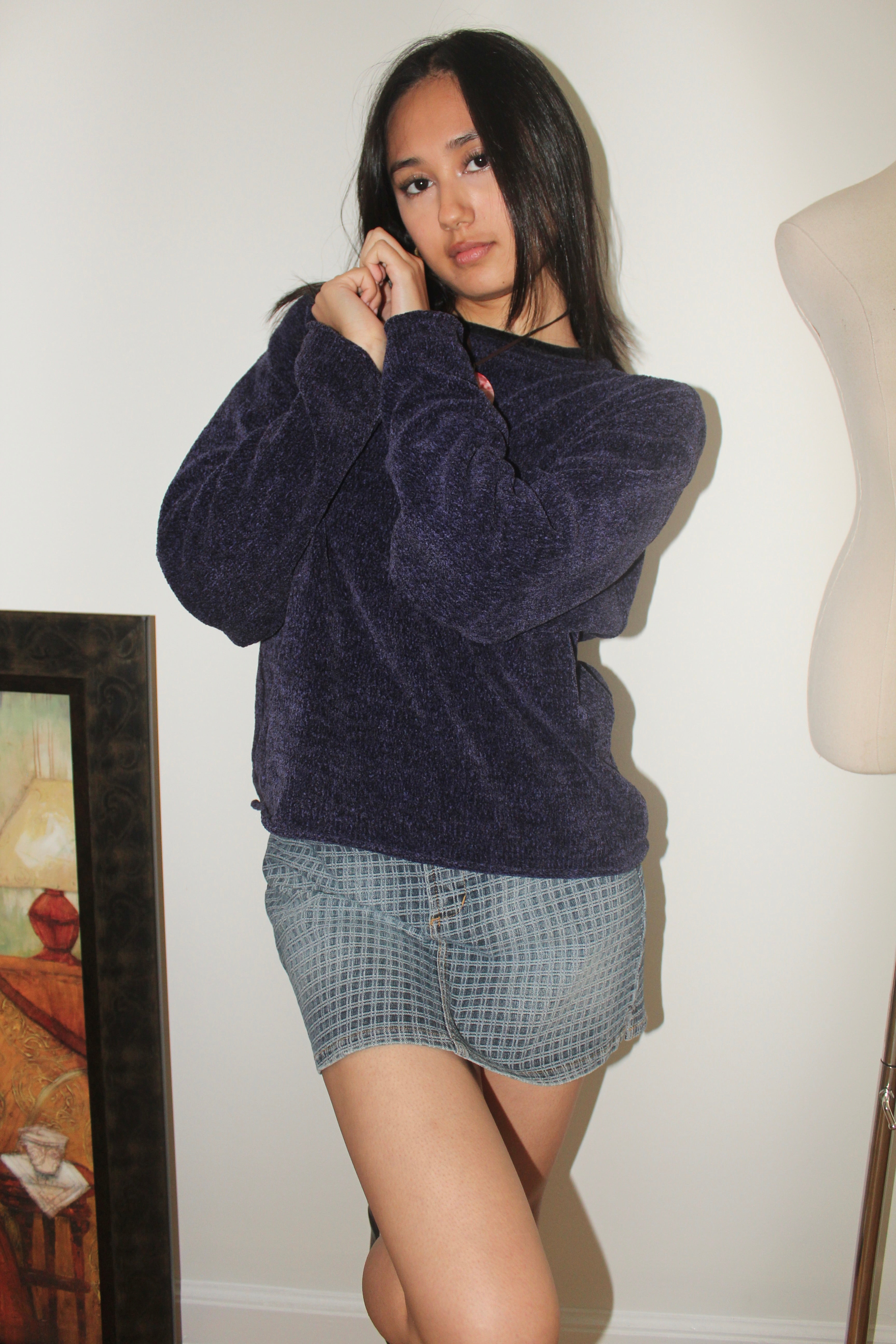 Vintage 90s Cozy Indigo Crushed Velvet Sweater (M)