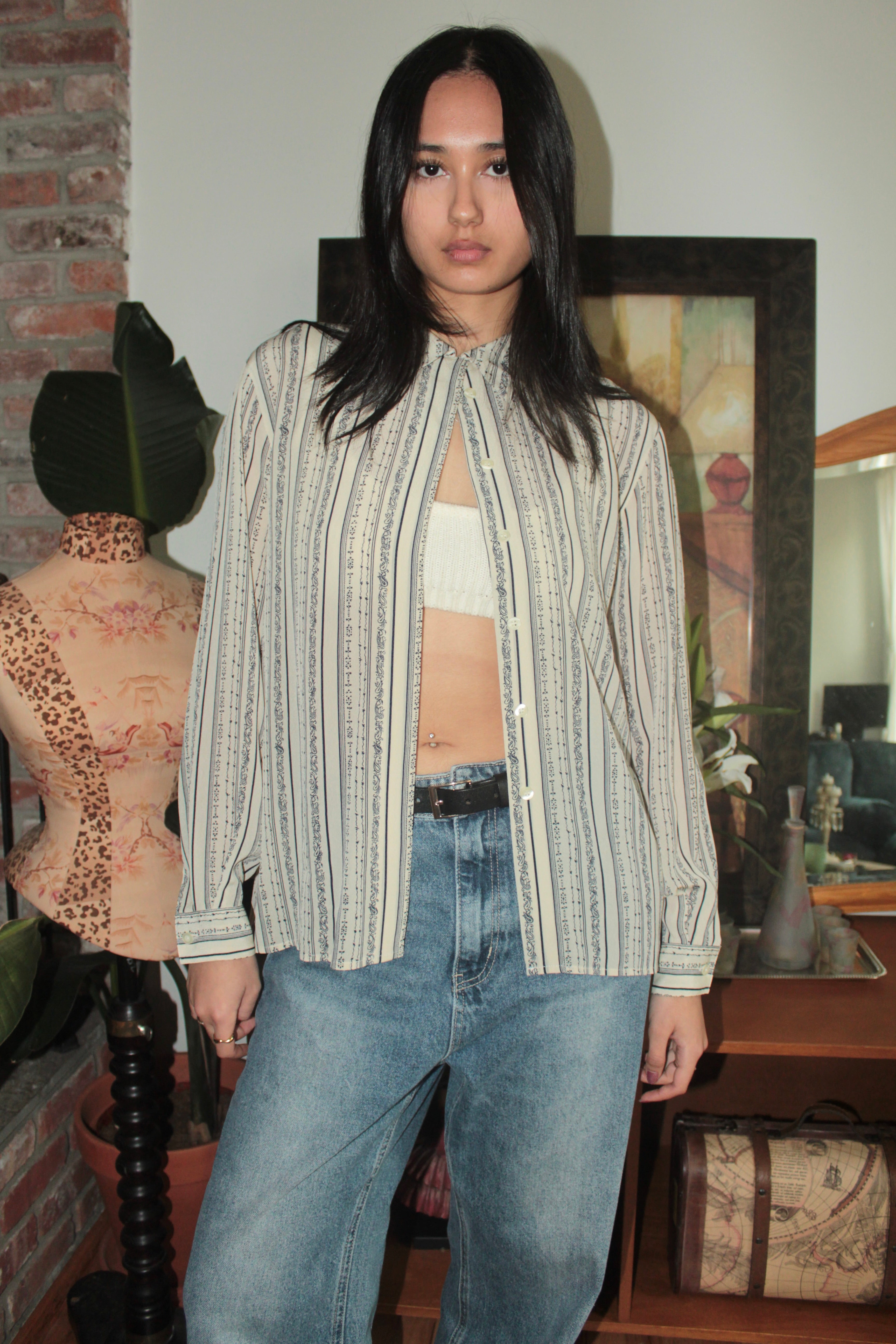 Vintage Cream & Blue Floral Striped Blouse (M)