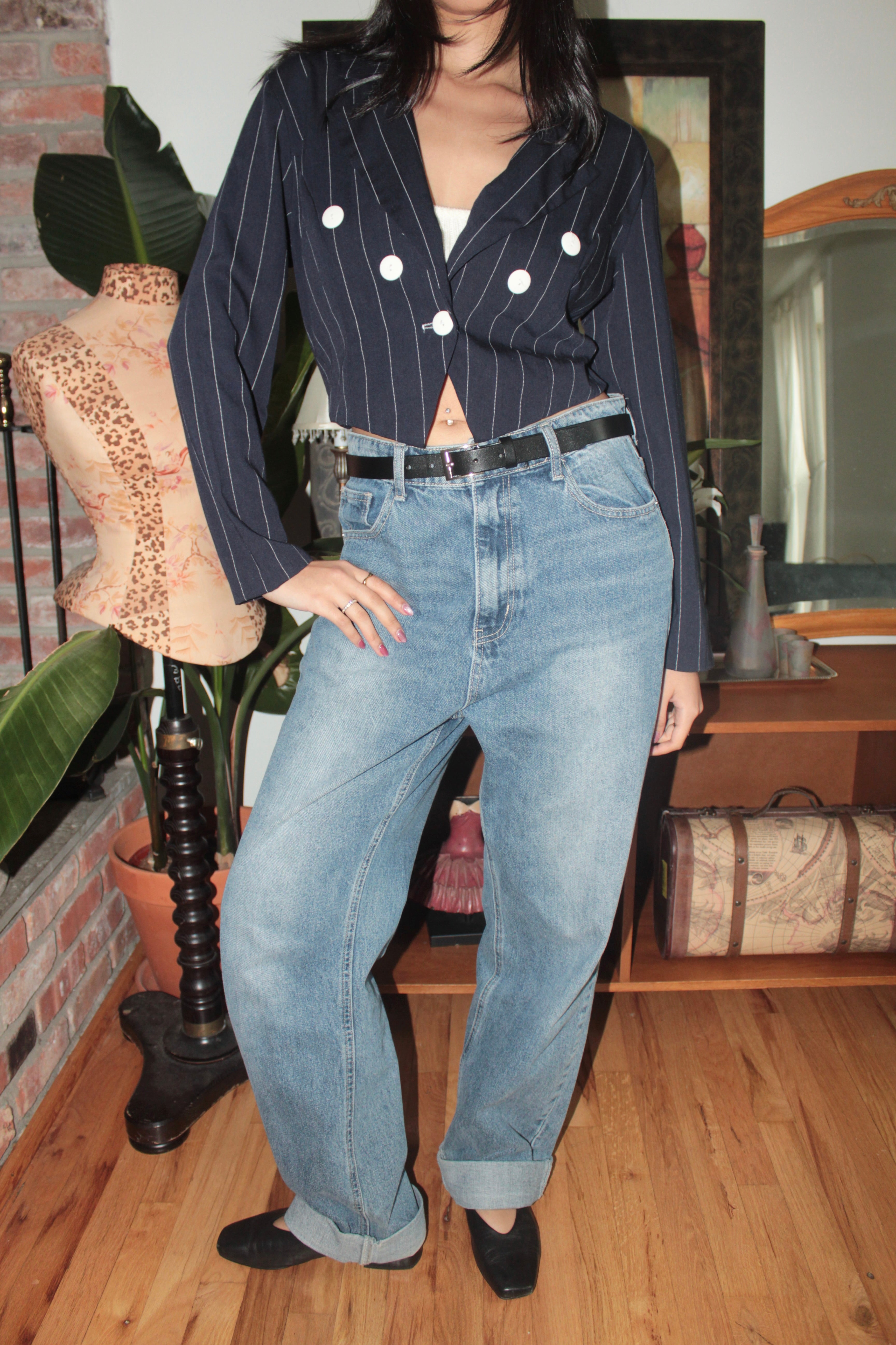 Vintage 90s Navy Pinstripe Double-Breasted Blazer Top