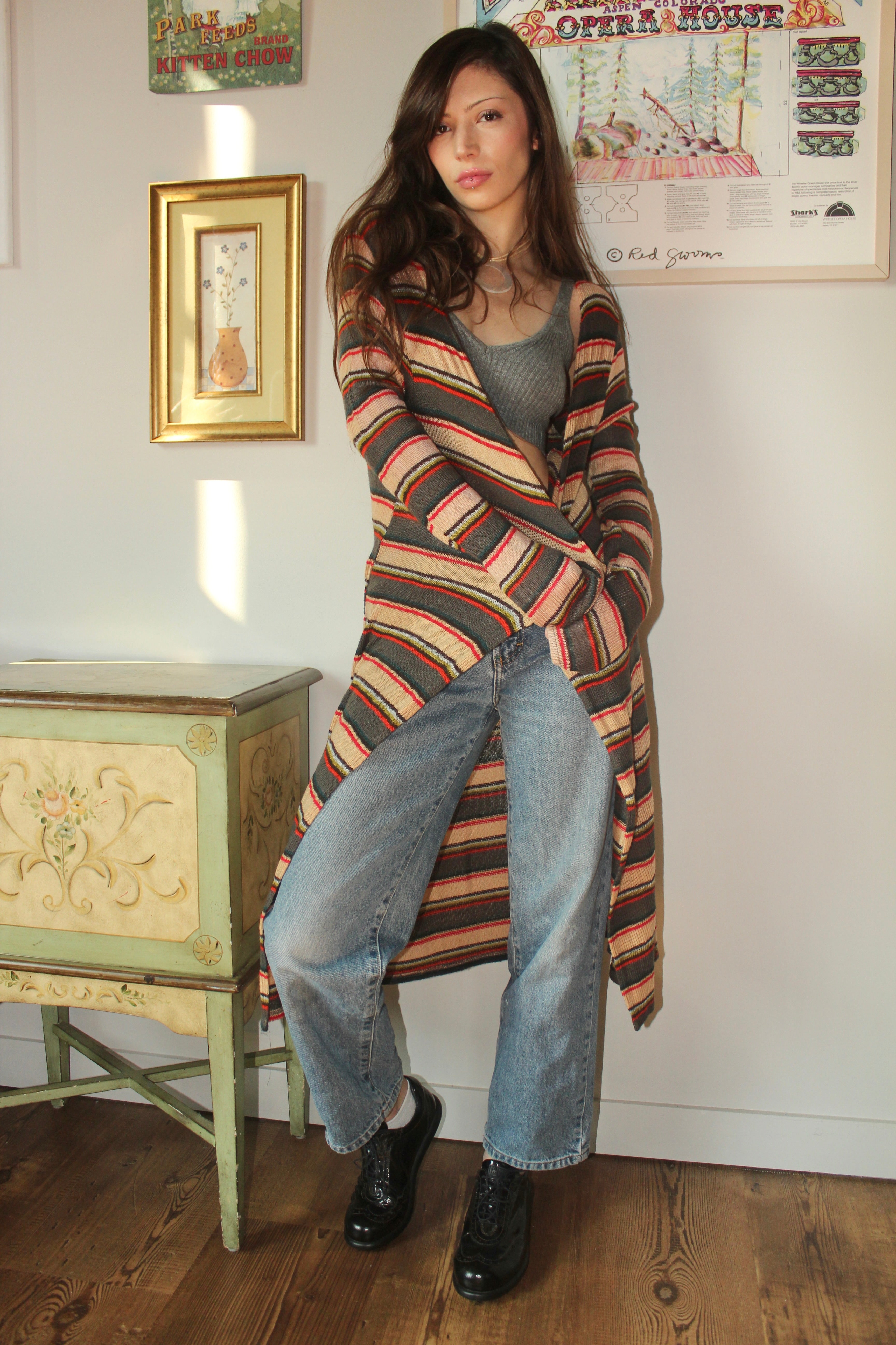 Retro Cozy Striped Longline Knit (S/M)