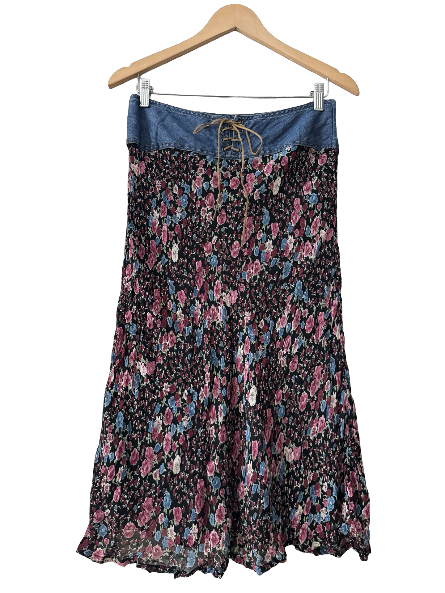 Vintage 90s Indie Denim Lace Up Floral Midi Skirt (S)
