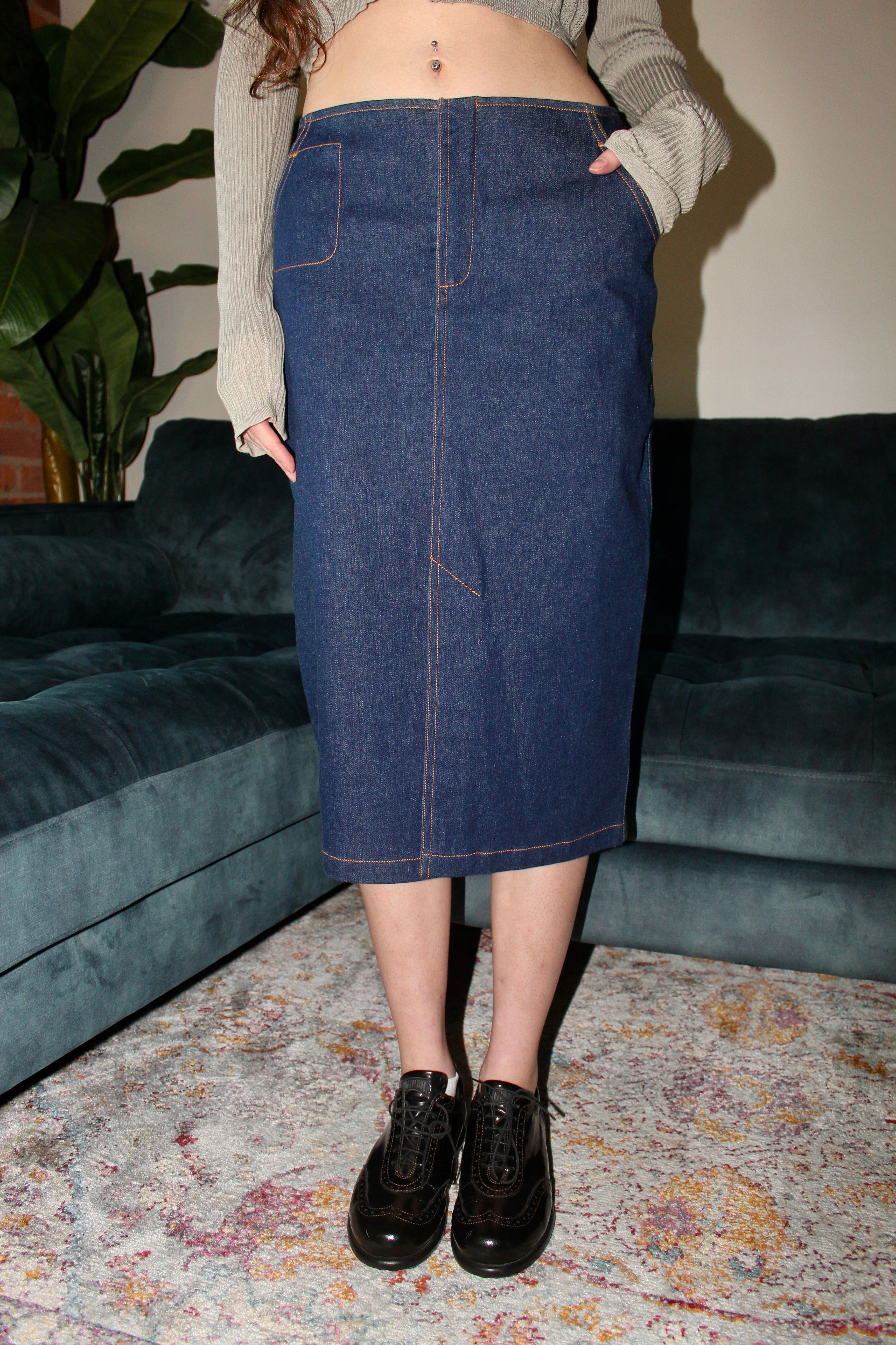 Vintage 90s Denim Midi Skirt w/ Pockets (S)