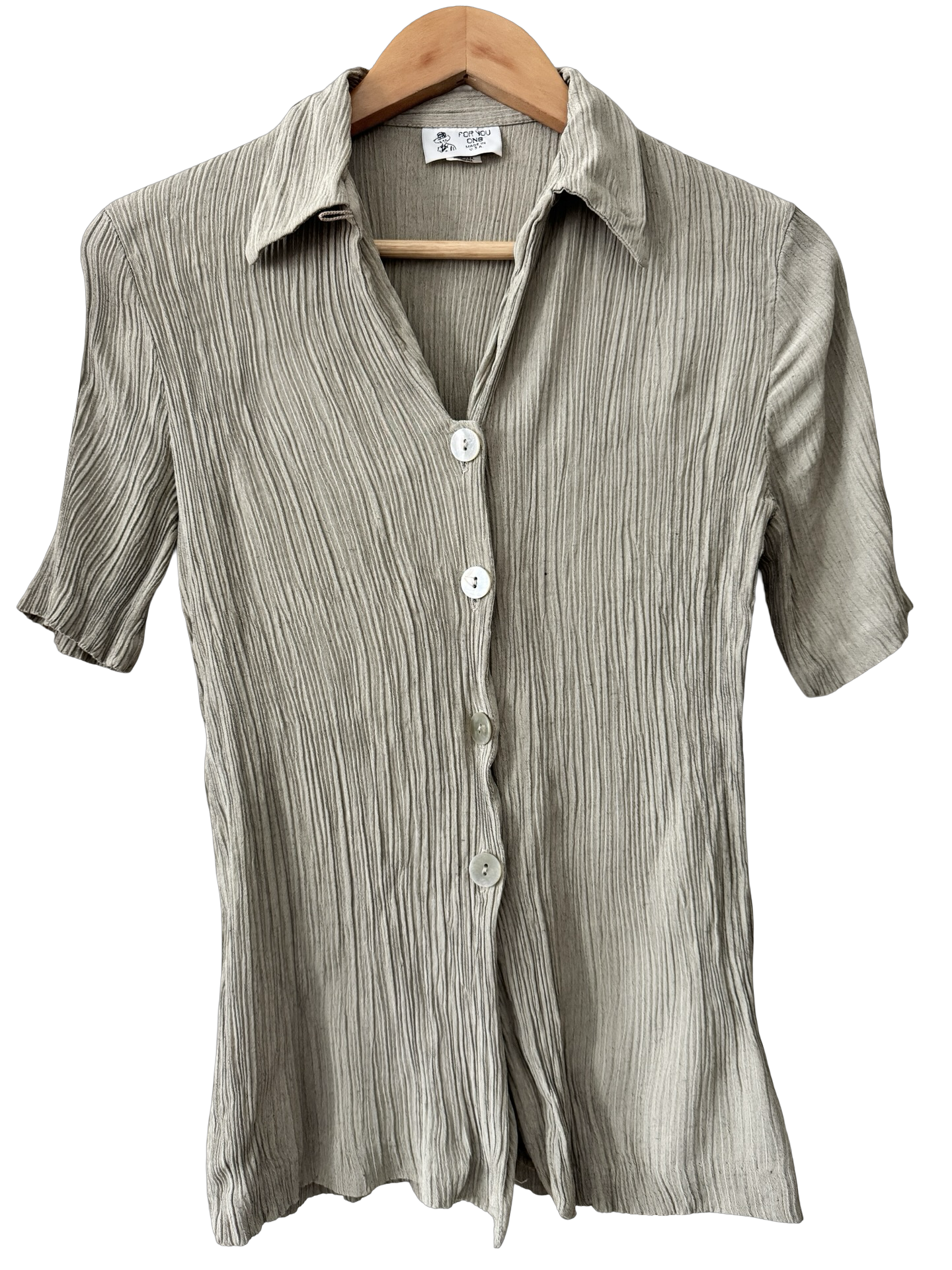 Vintage Y2K Taupe Crinkle Button-Up Top (M)