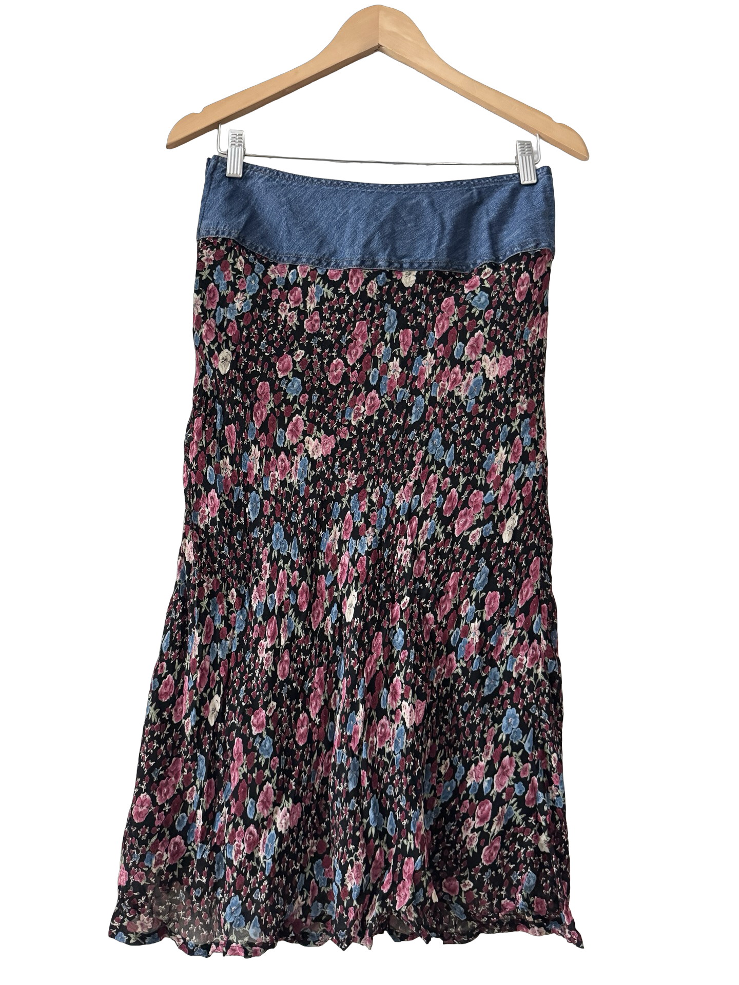 Vintage 90s Indie Denim Lace Up Floral Midi Skirt (S)