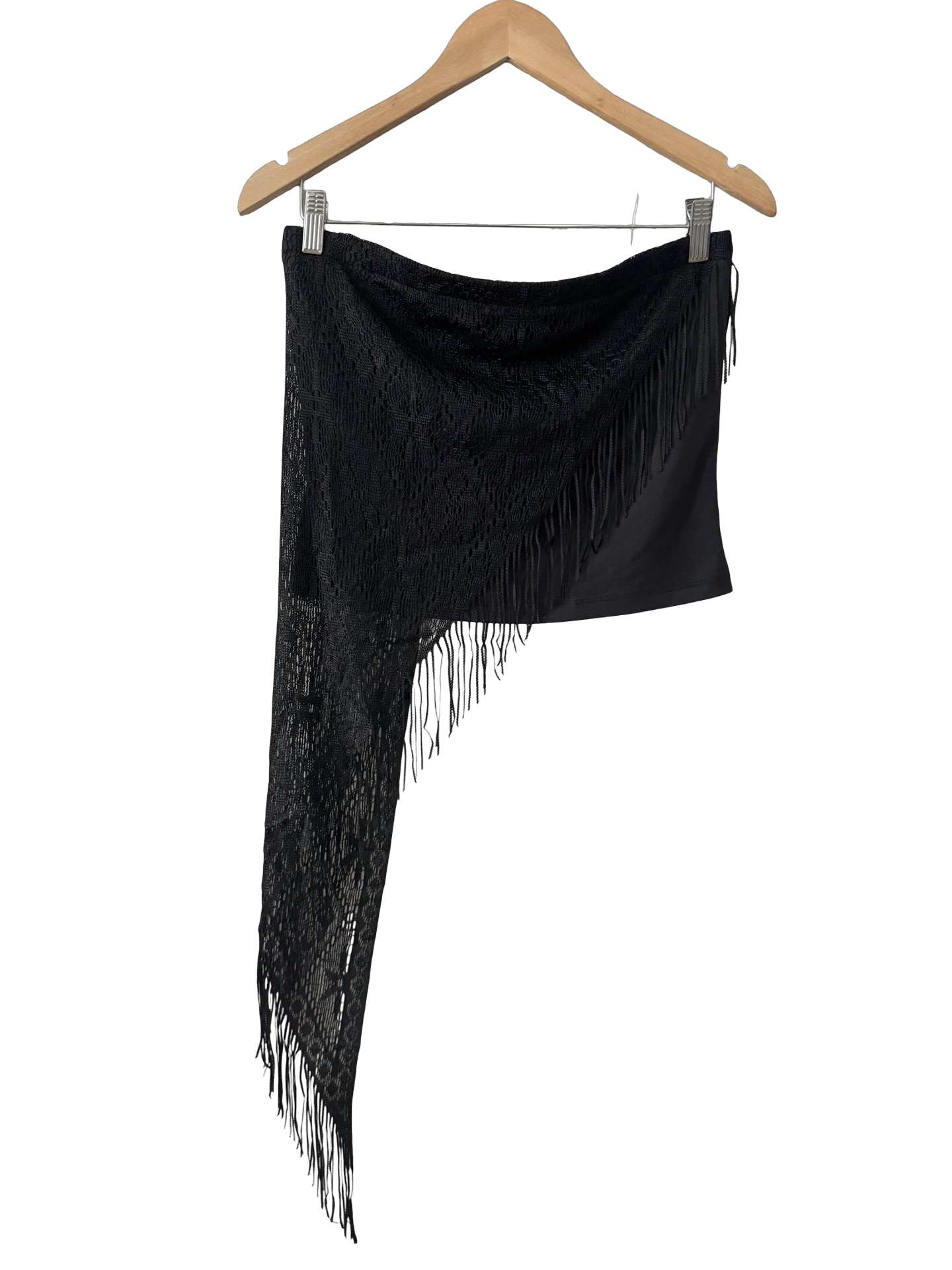 Vintage 90s Black Mesh Fringe Asymmetrical Top (S/M)