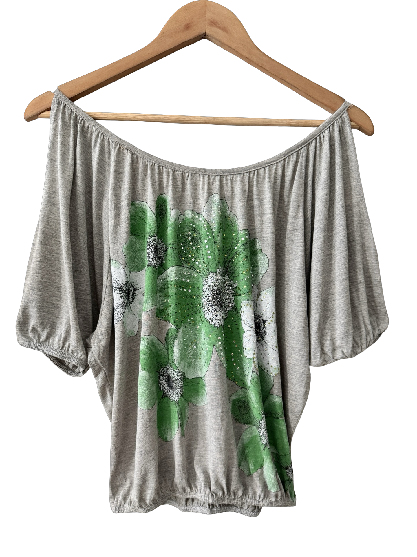 Vintage Y2K Joyce Leslie Green Floral Cold Shoulder Top (S/M)