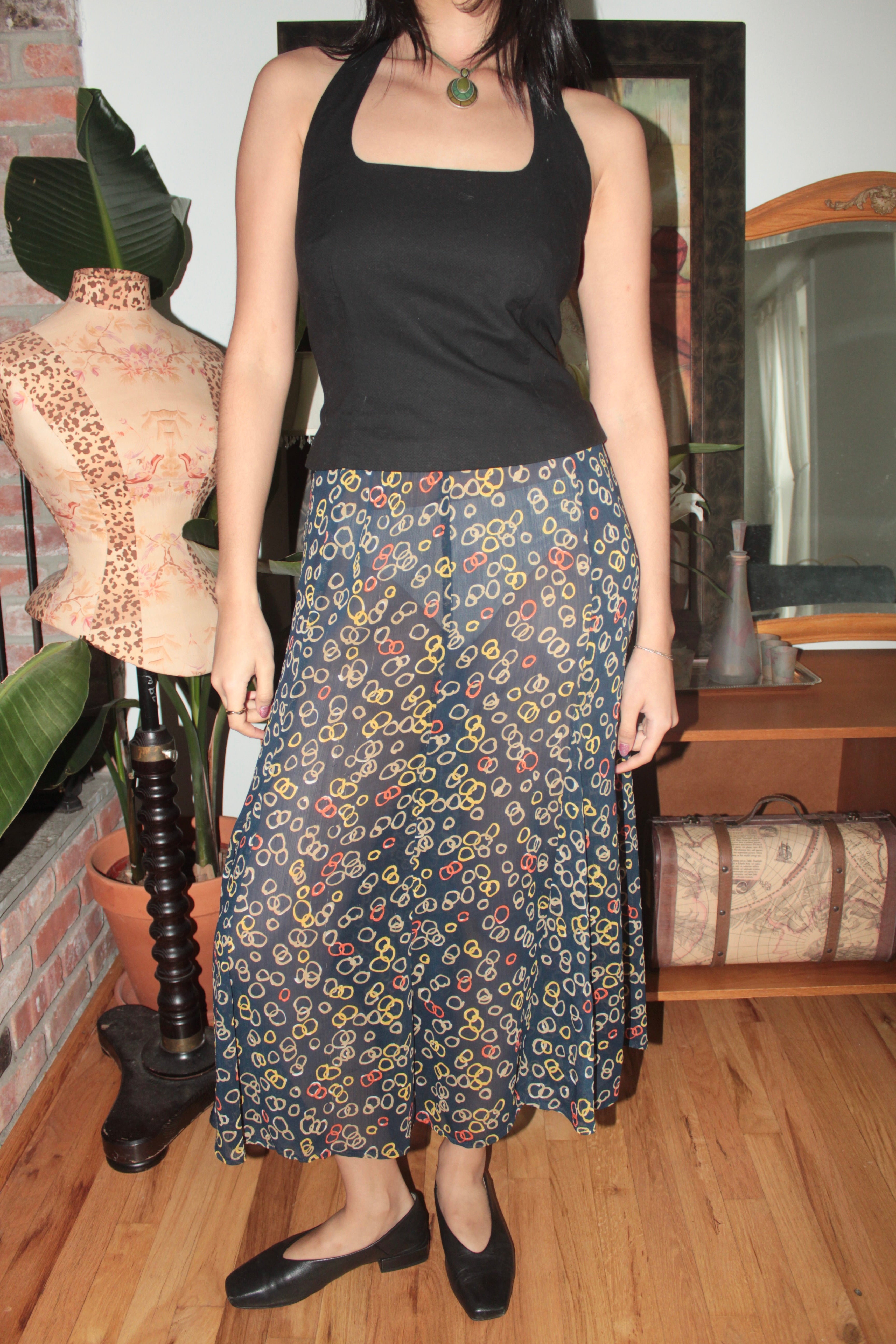 Vintage 90s Sheer Multicolor Loops Midi Skirt (M)