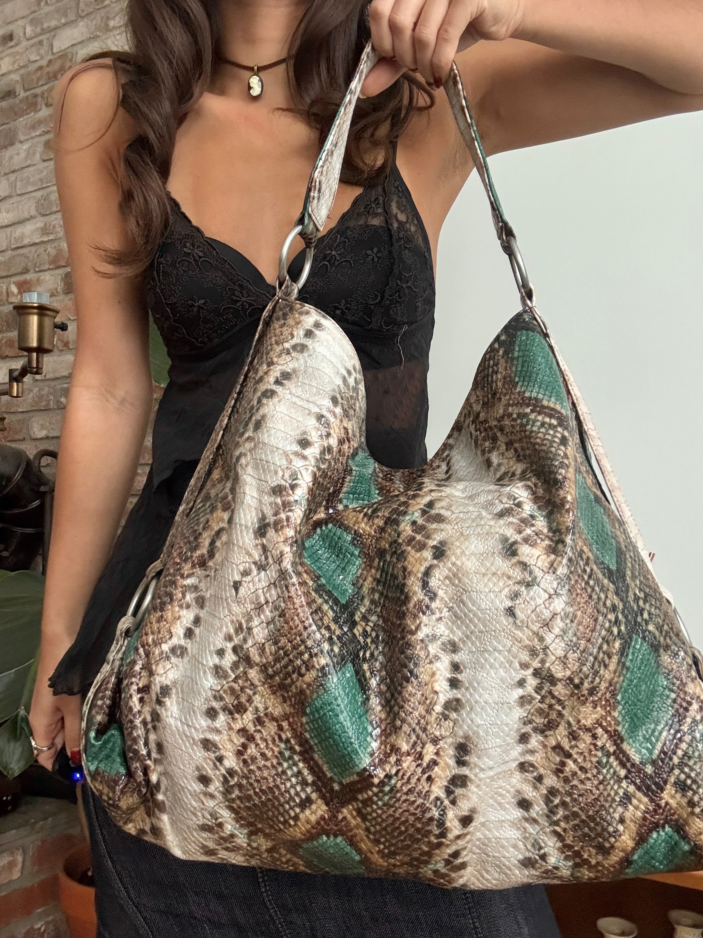 Vintage Y2K Poison Ivy Snakeskin Slouch Bag