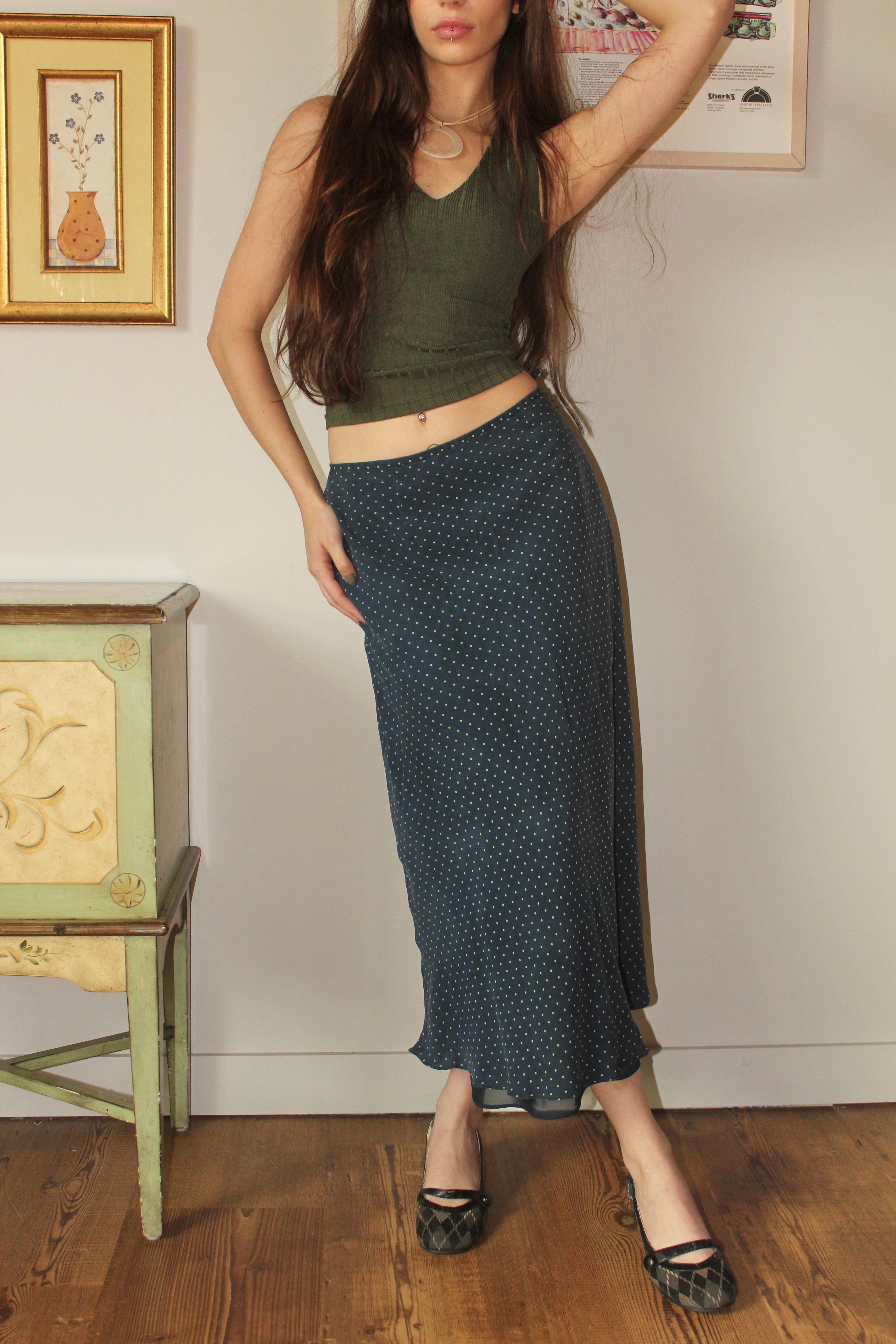 Vintage 90s Silk Dotted MIdi Skirt (S)