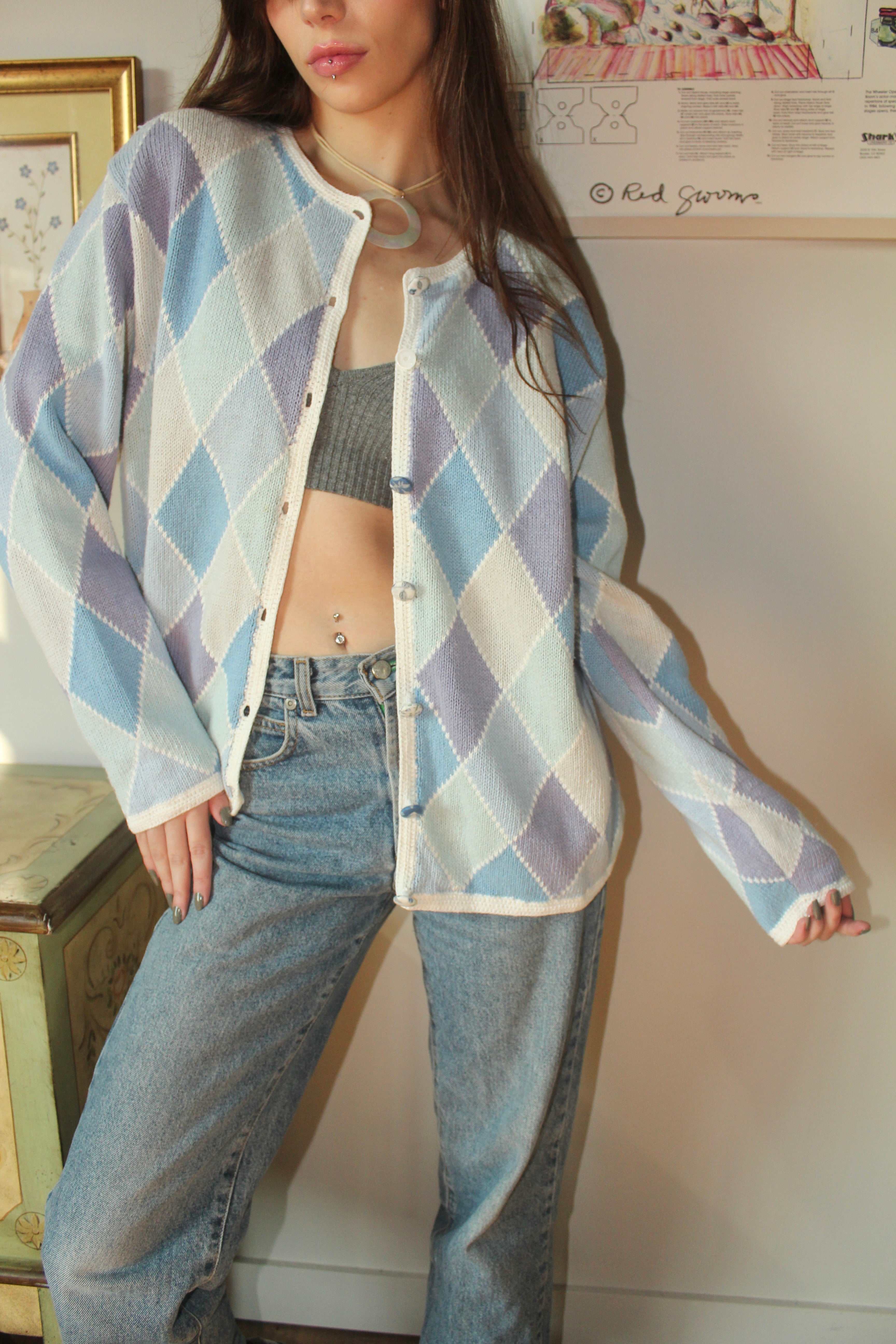 Vintage 90s Retro Checkered Cardigan (M)