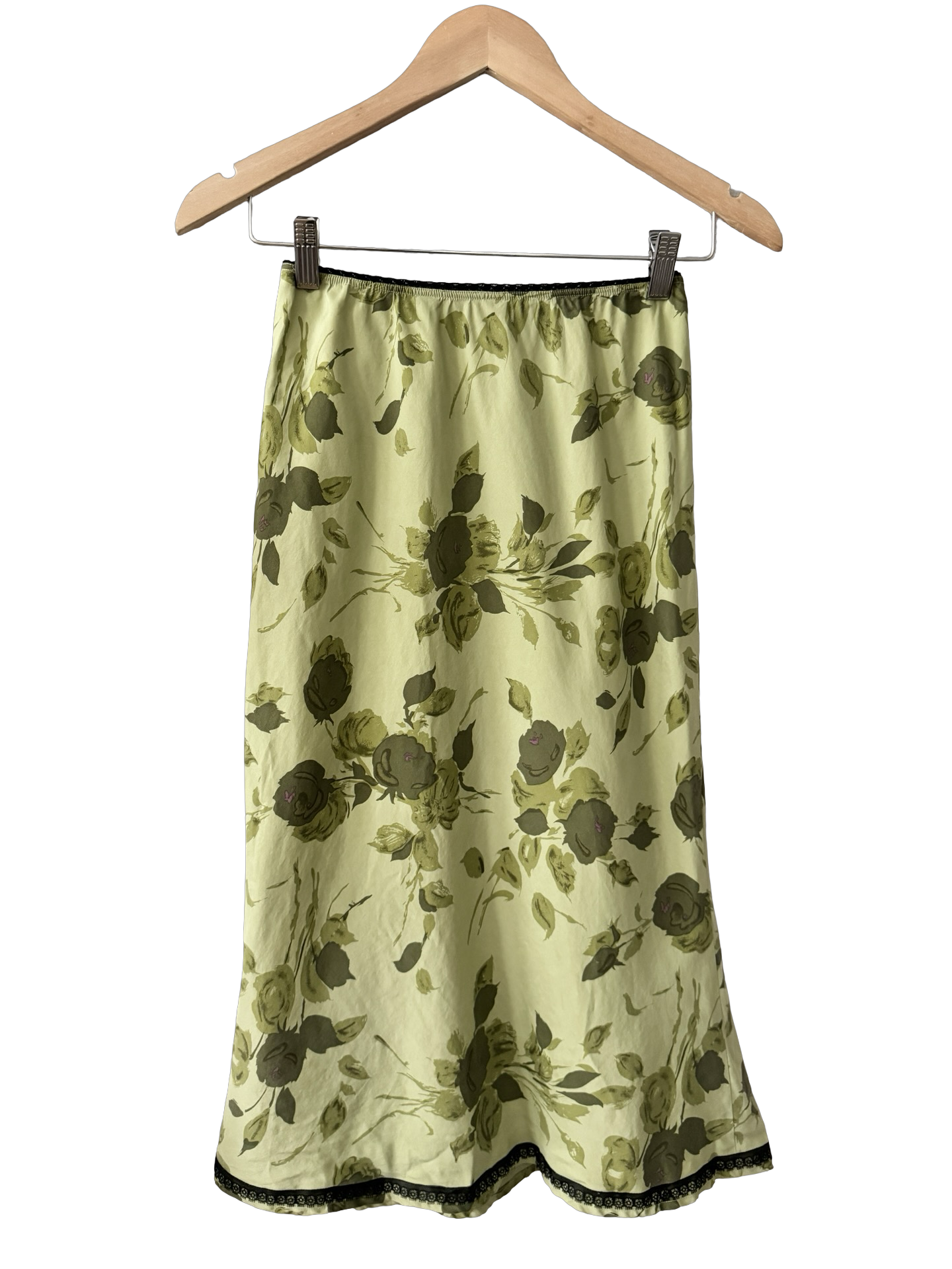 Vintage 90s Sage Floral Silk Midi Skirt (XS)