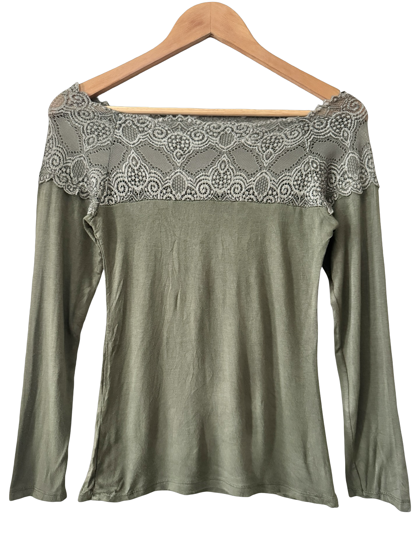 Vintage Y2K Olive Lace Romance Off-Shoulder Top (M)