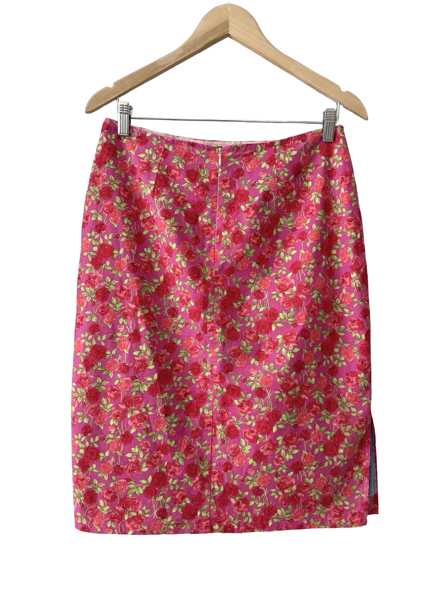 Vintage 90s Fuchsia Rose Print Midi Skirt (M)