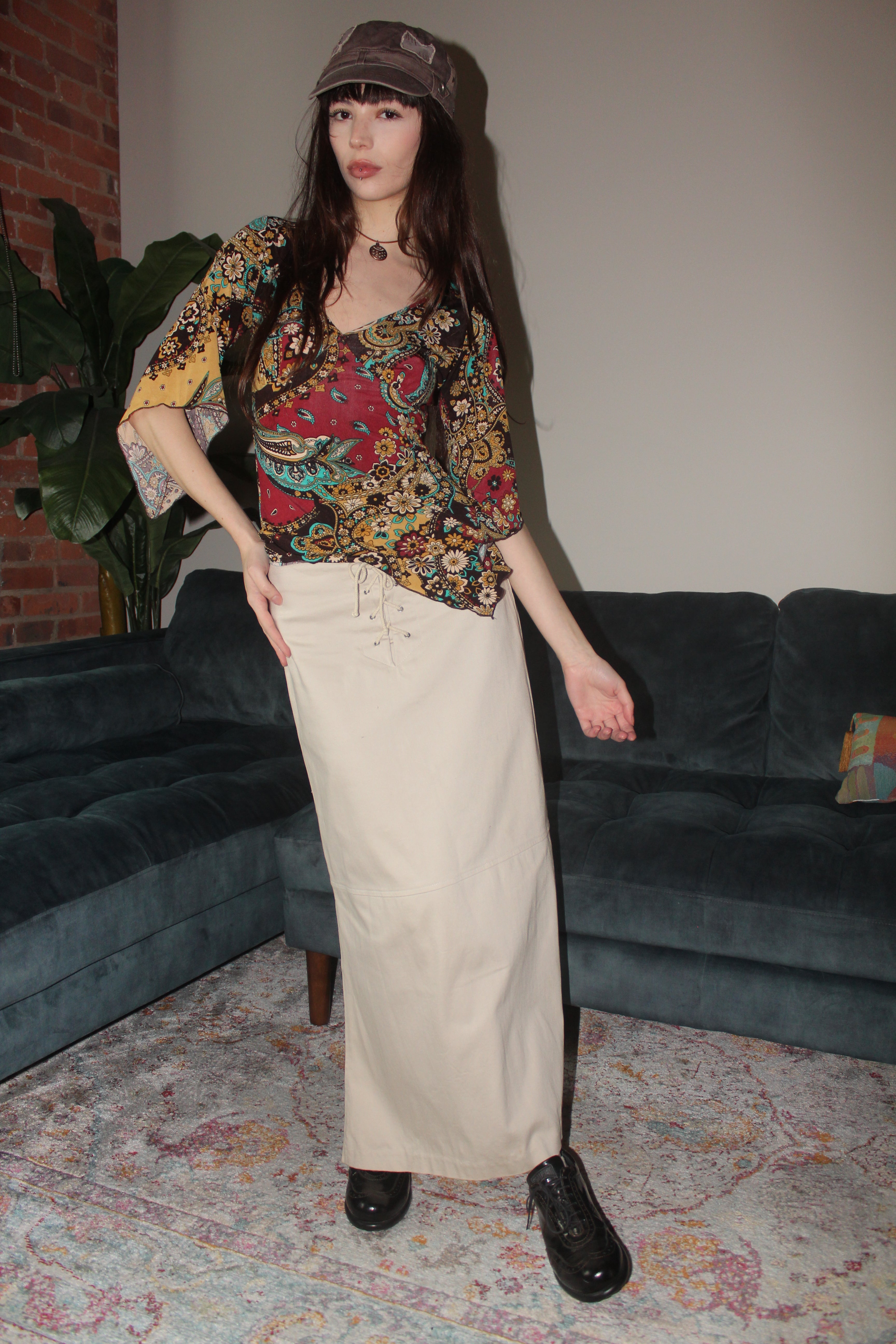Vintage 90s Lace Up Tan Midi Skirt (S-M)