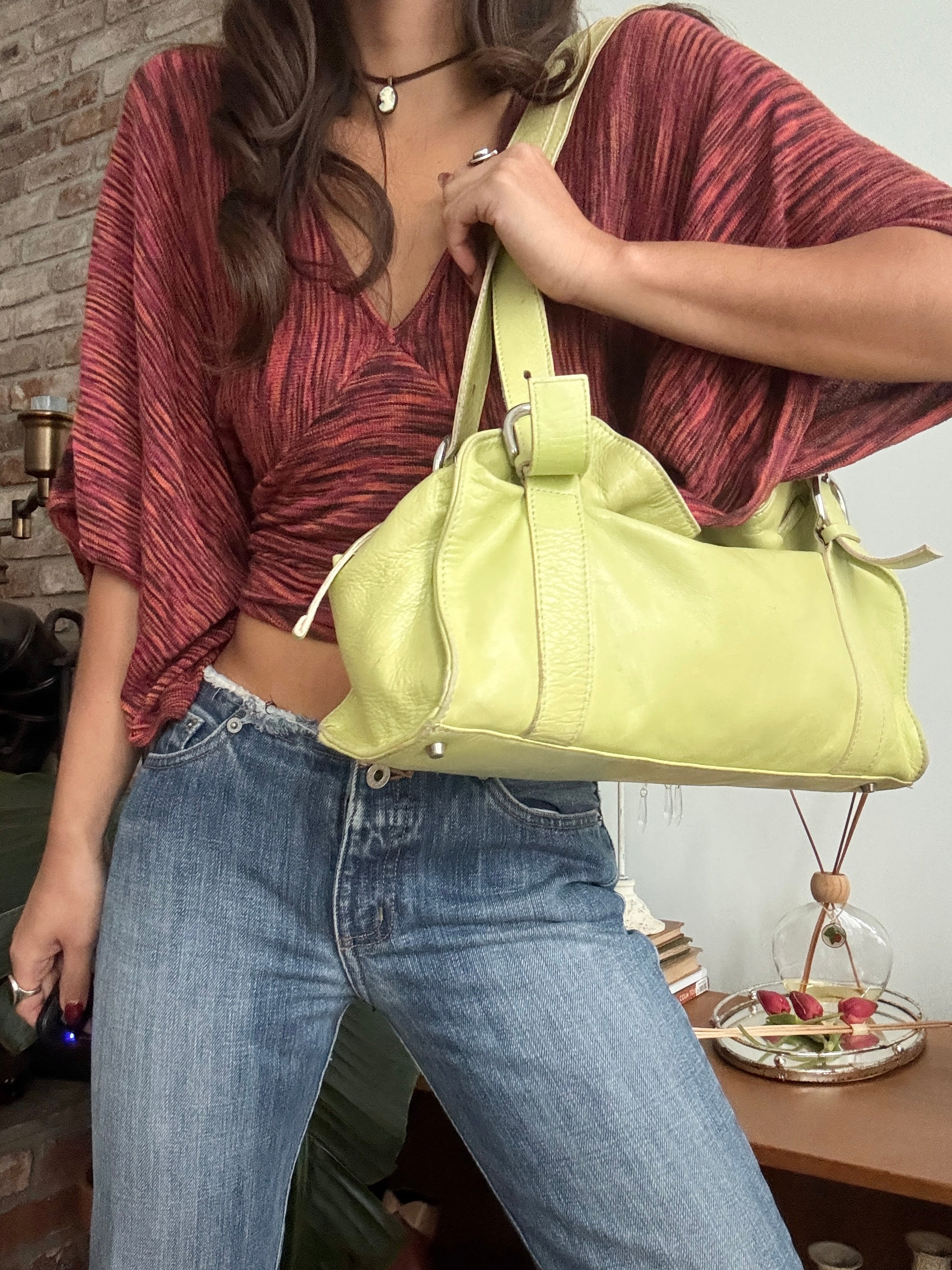 Vintage Y2K Pistachio Italian Leather Slouch Bag